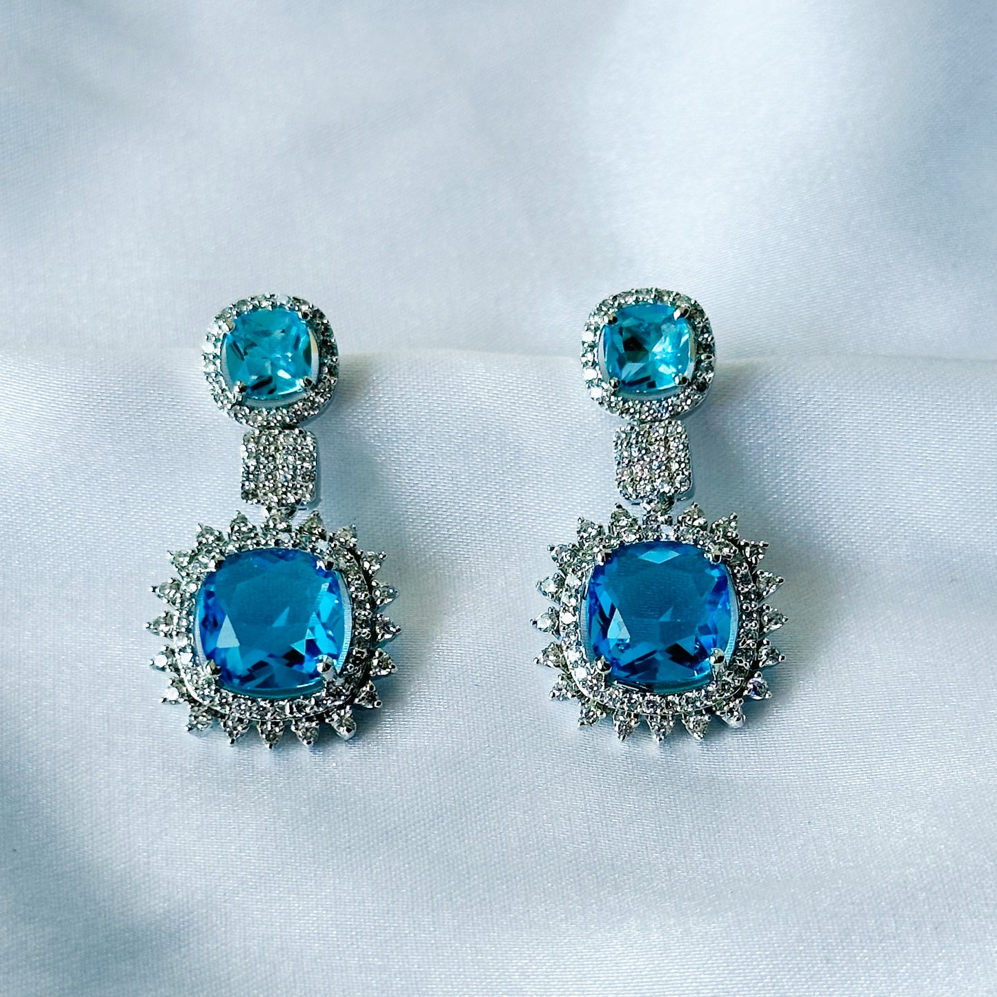 Aqua Blue Sapphire Cubic Zircon American Diamond Silver Plated Earrings
