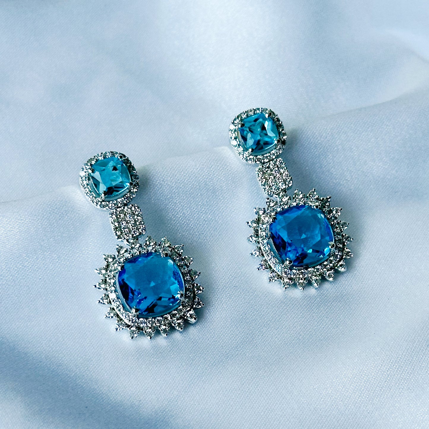 Aqua Blue Sapphire Cubic Zircon American Diamond Silver Plated Earrings