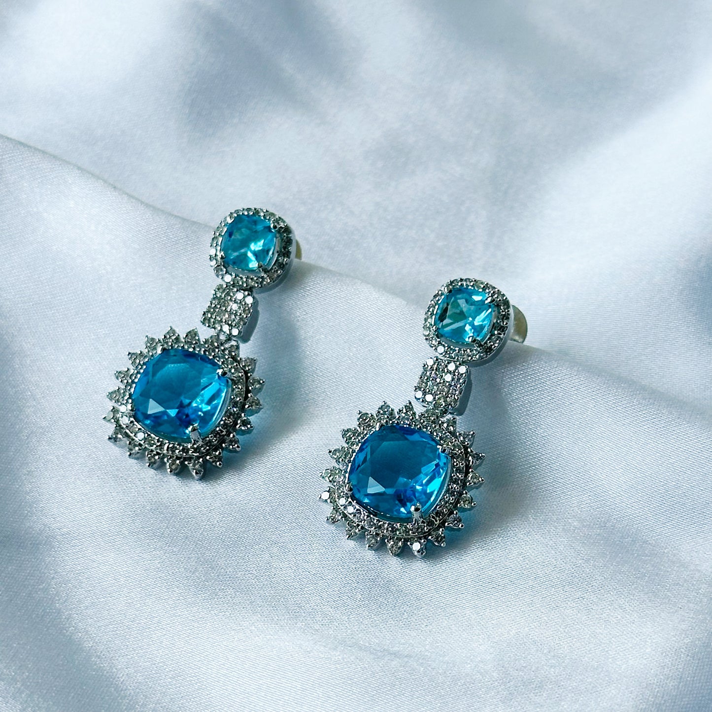 Aqua Blue Sapphire Cubic Zircon American Diamond Silver Plated Earrings