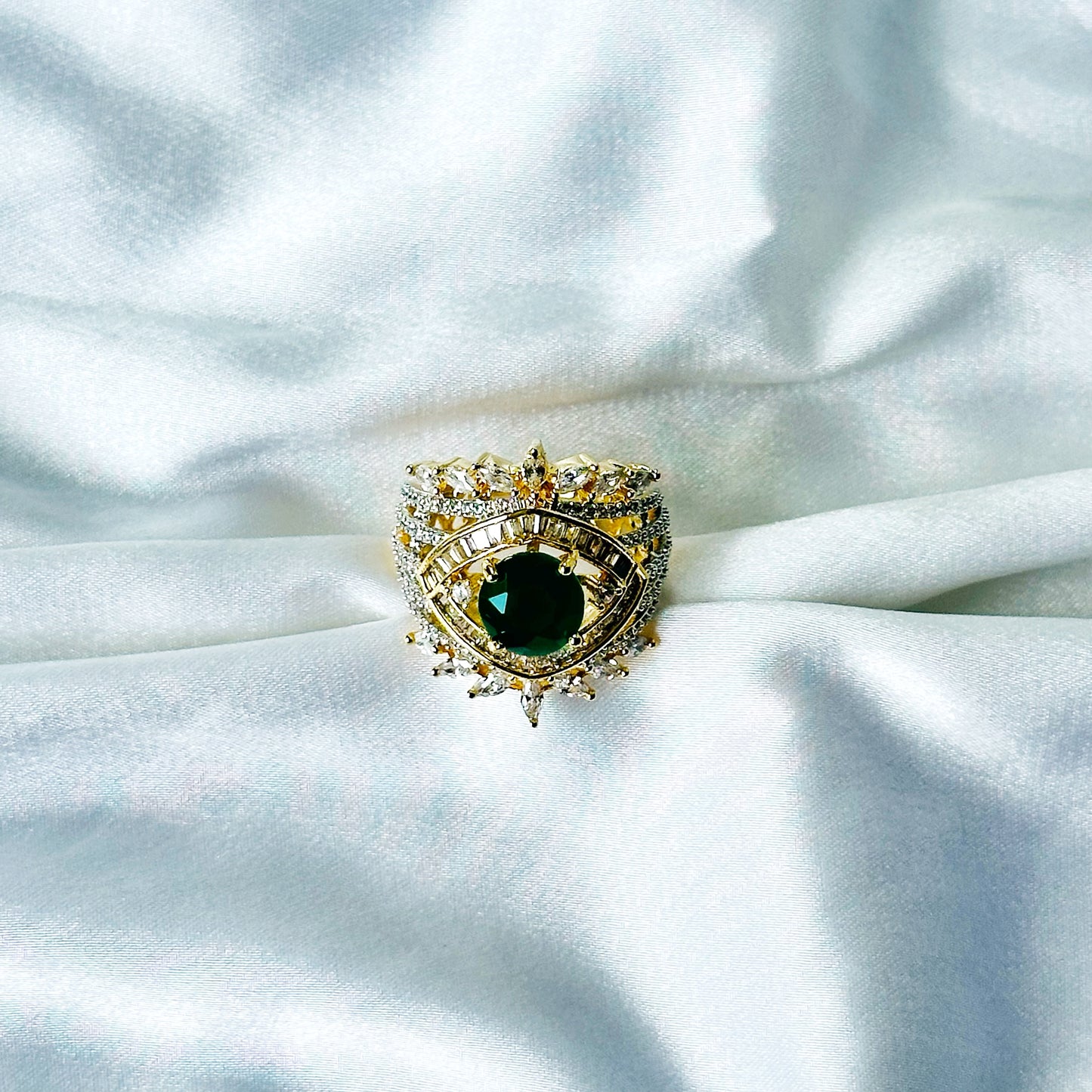 Green Emerald Cubic Zircon American Diamond Gold/Silver Plated Adjustable Ring