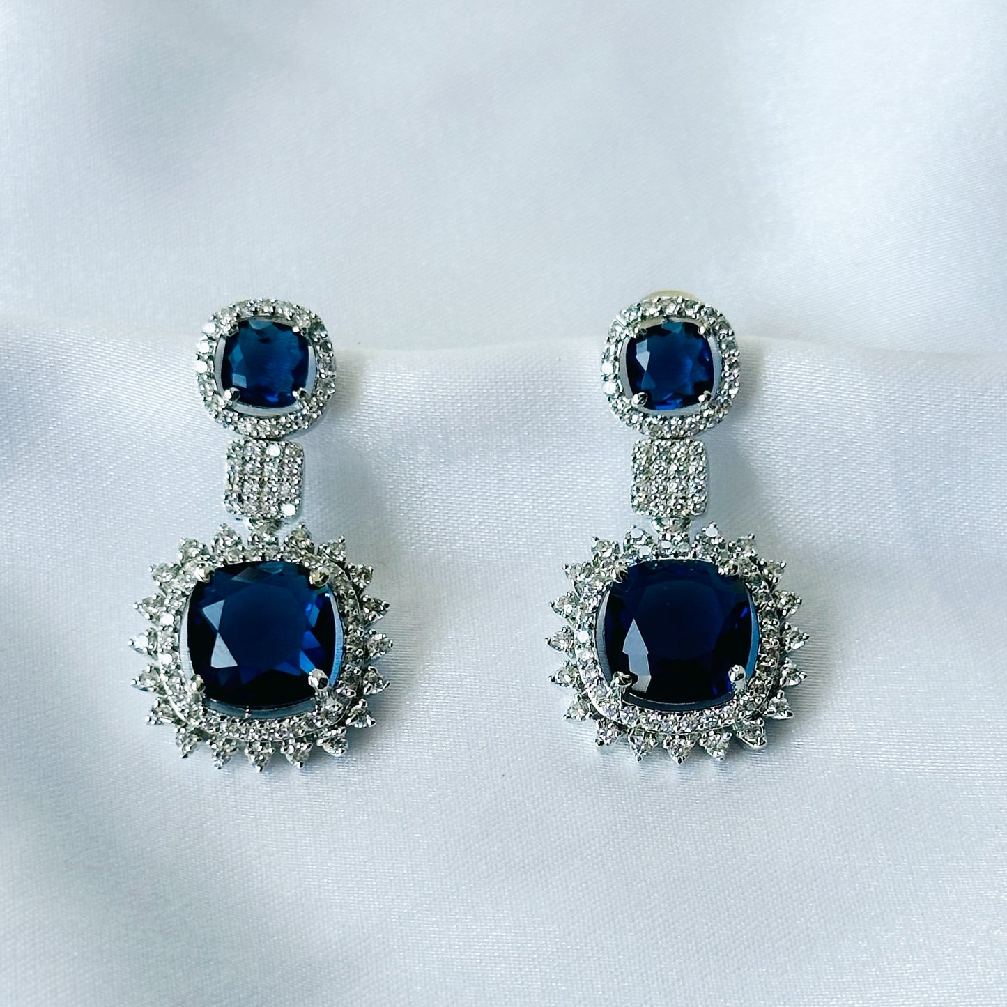 Blue Sapphire Cubic Zircon American Diamond Silver Plated Earrings