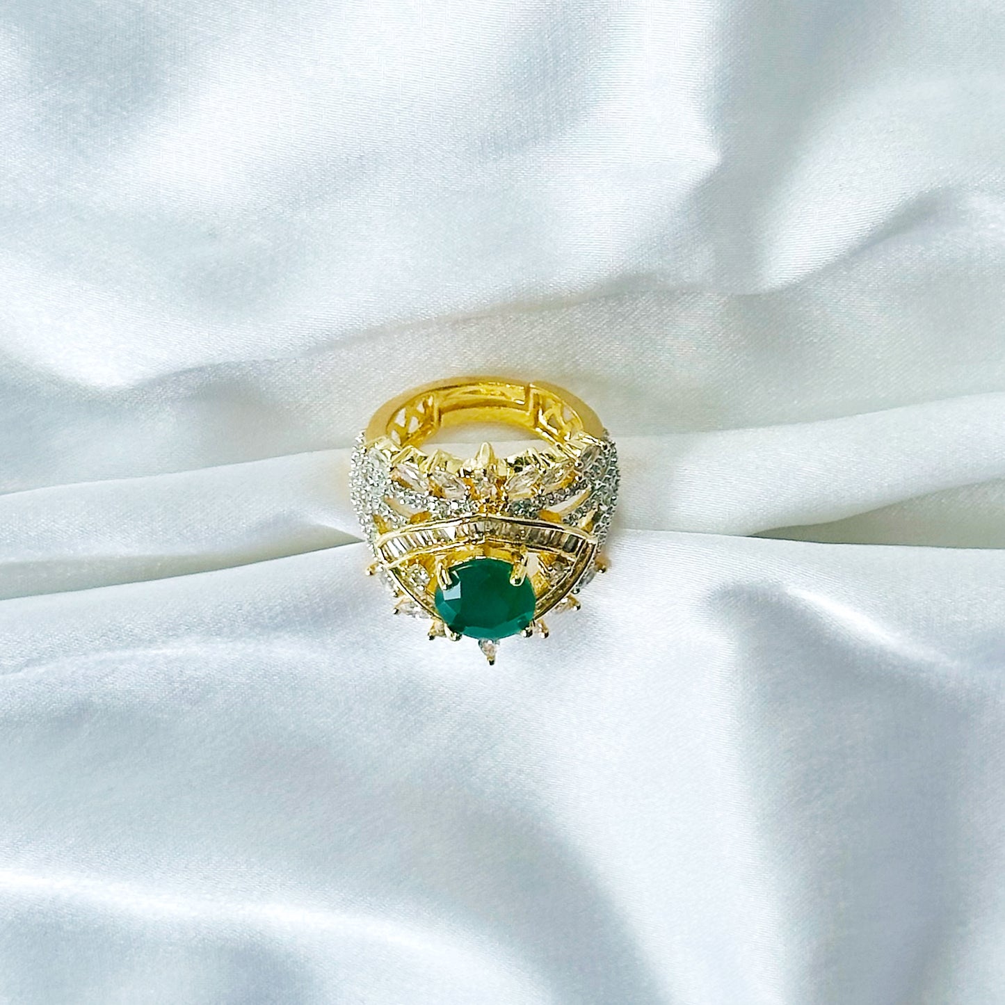 Green Emerald Cubic Zircon American Diamond Gold/Silver Plated Adjustable Ring