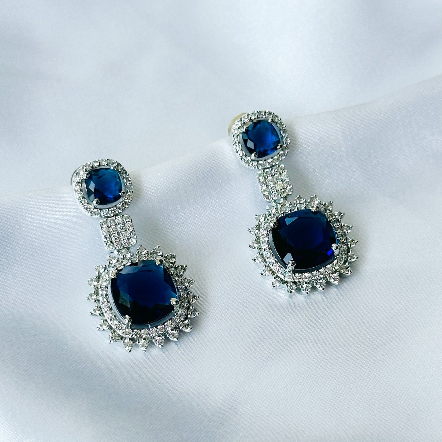 Blue Sapphire Cubic Zircon American Diamond Silver Plated Earrings