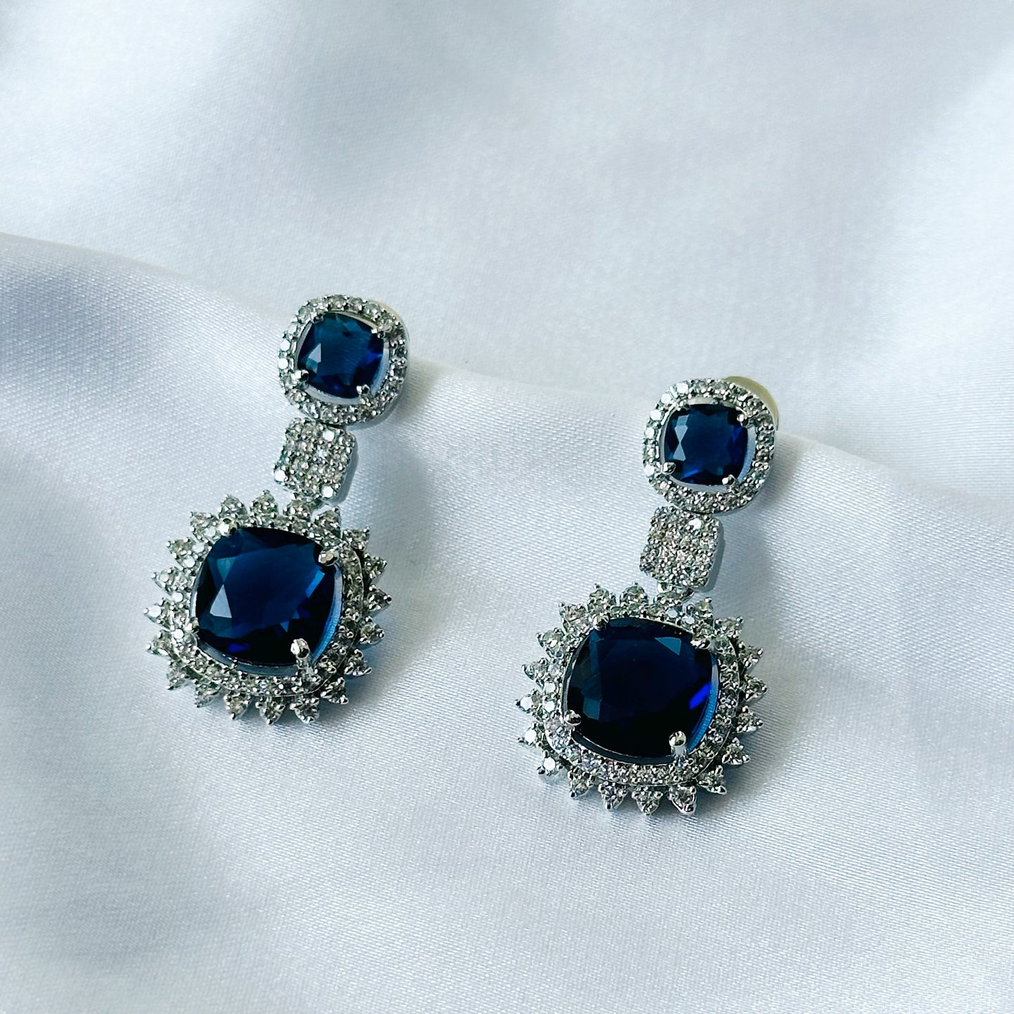 Blue Sapphire Cubic Zirconia American Diamond Silver Plated Earrings