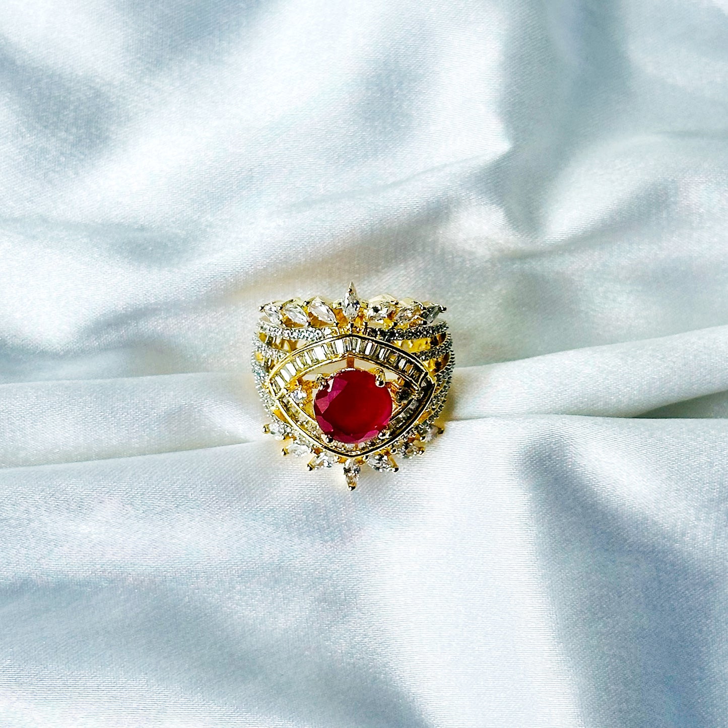 Red Ruby Cubic Zircon American Diamond Gold/Silver Plated Adjustable Ring