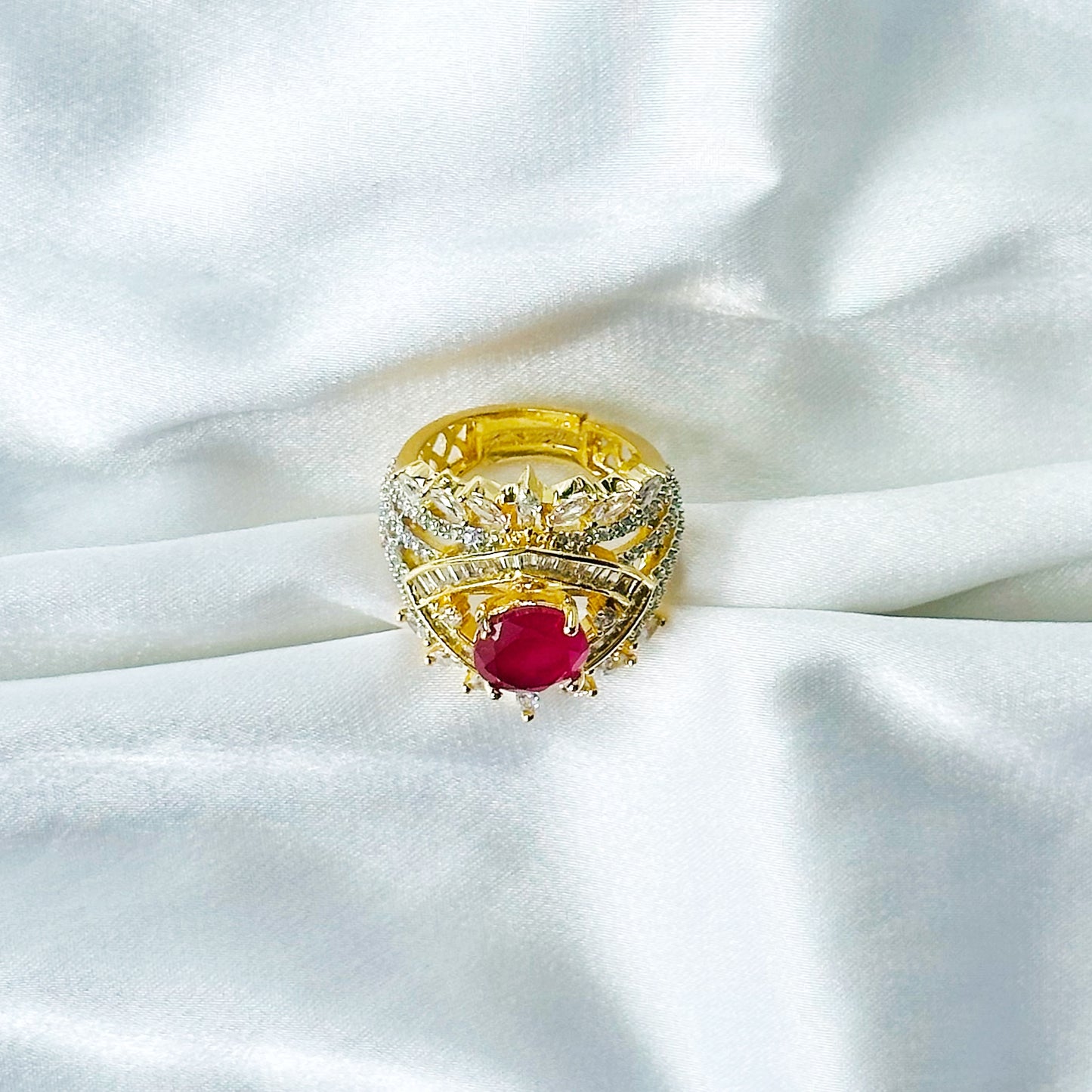 Red Ruby Cubic Zircon American Diamond Gold/Silver Plated Adjustable Ring