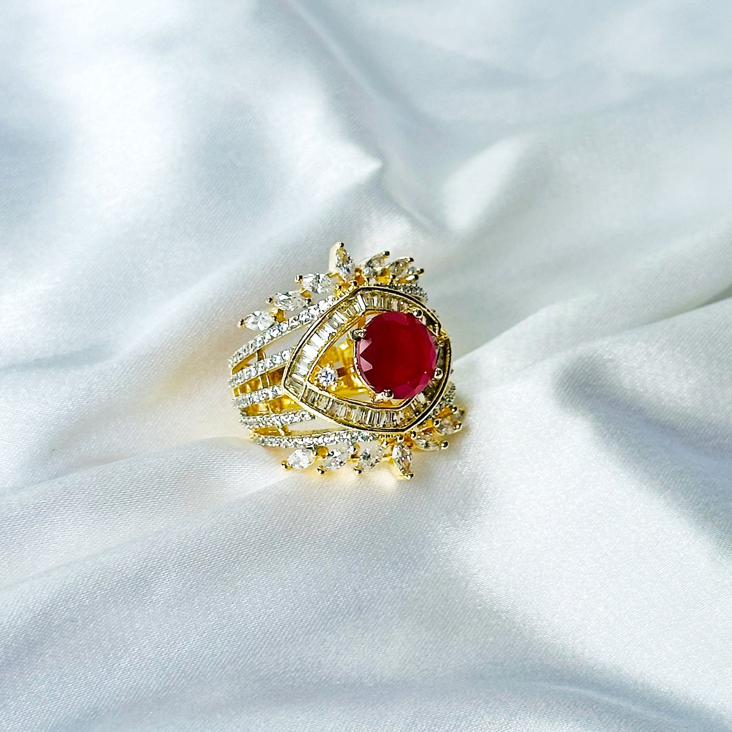 Red Ruby Cubic Zircon American Diamond Gold/Silver Plated Adjustable Ring