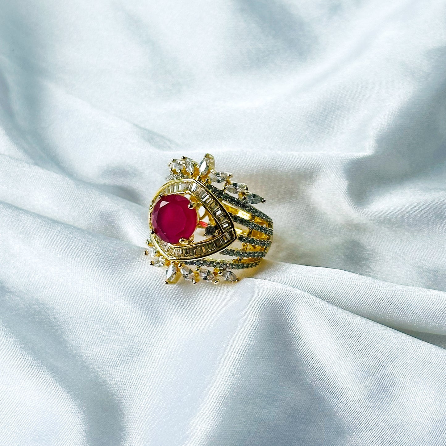 Red Ruby Cubic Zircon American Diamond Gold/Silver Plated Adjustable Ring