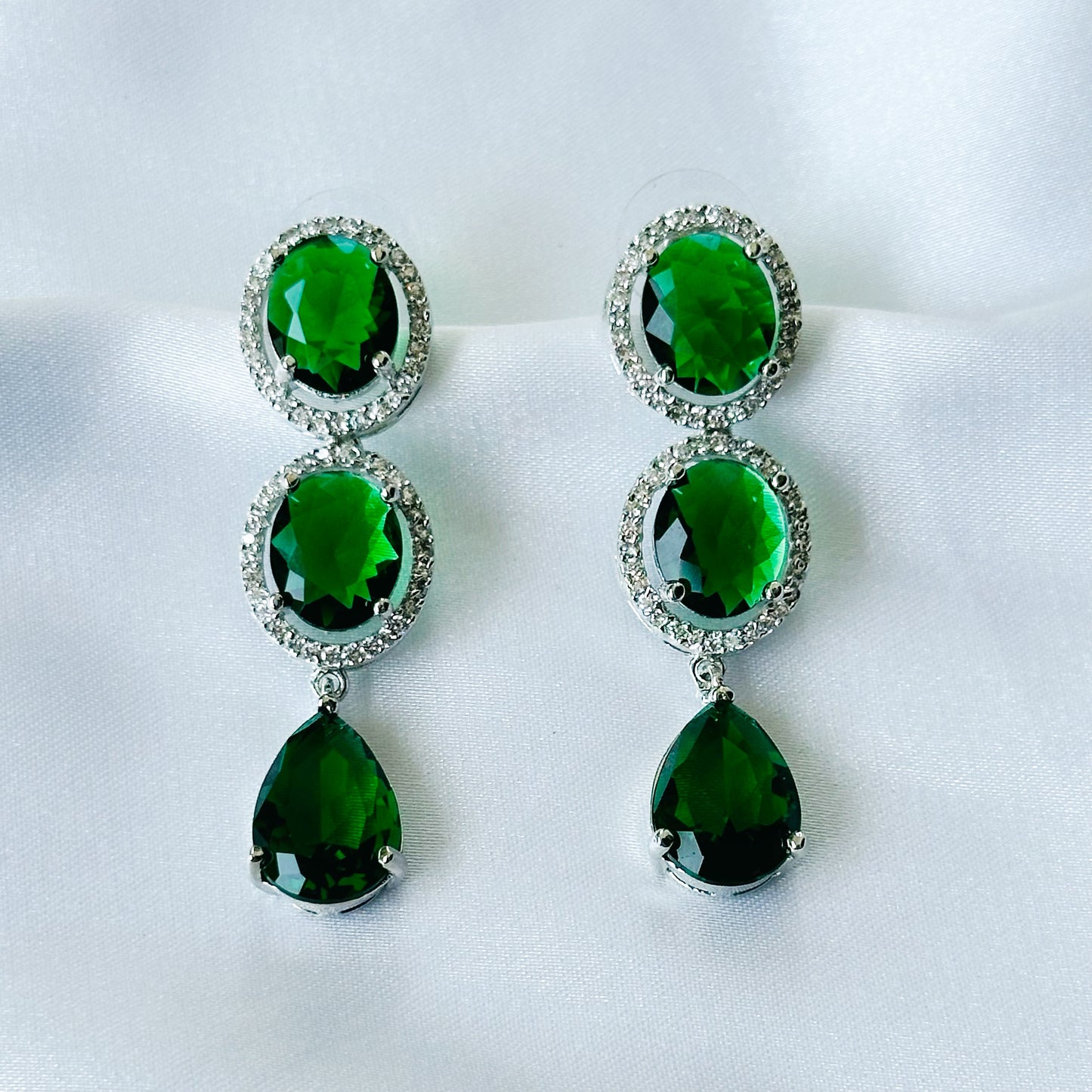 Green Emerald Cubic Zircon American Diamond Silver Plated Earrings