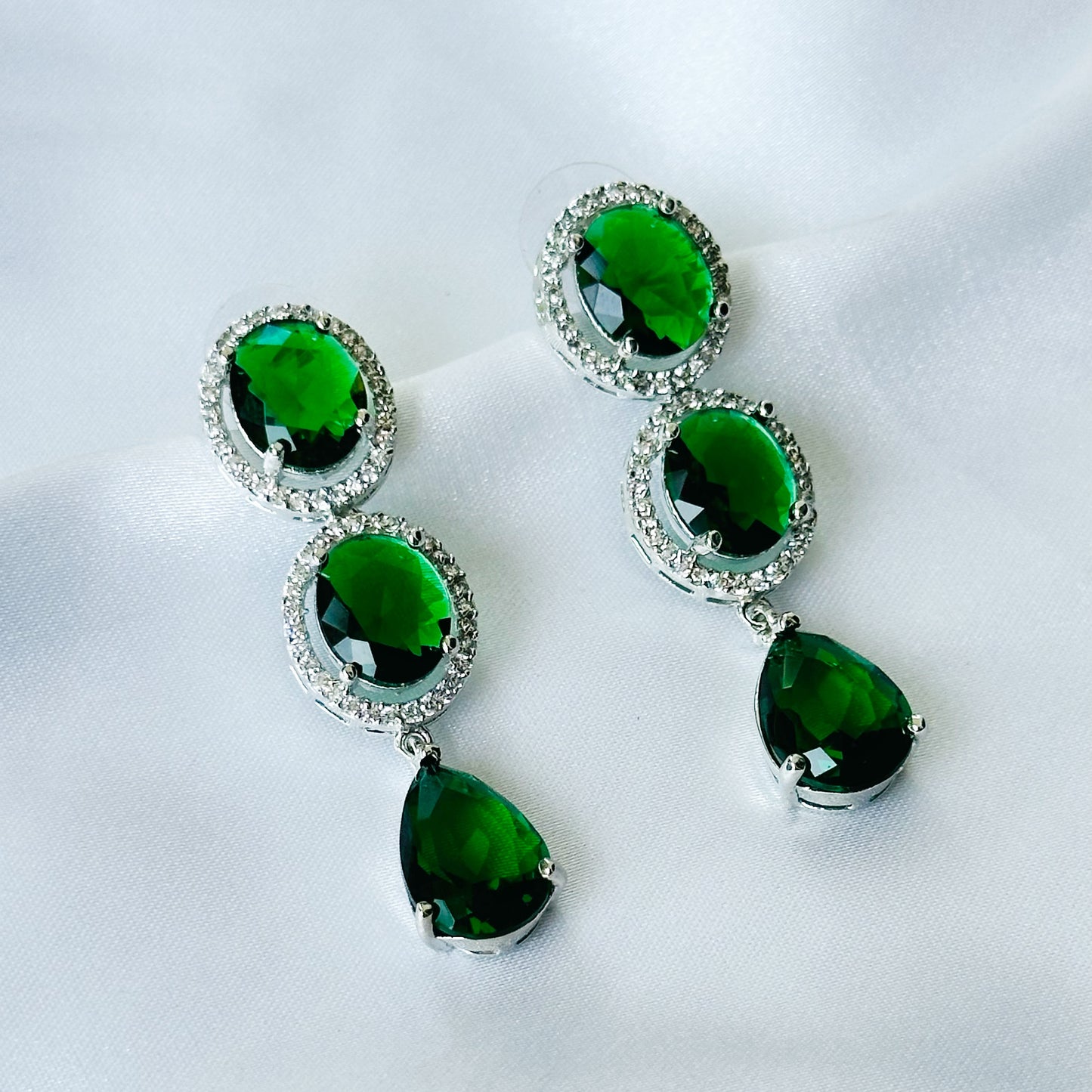 Green Emerald Cubic Zircon American Diamond Silver Plated Earrings
