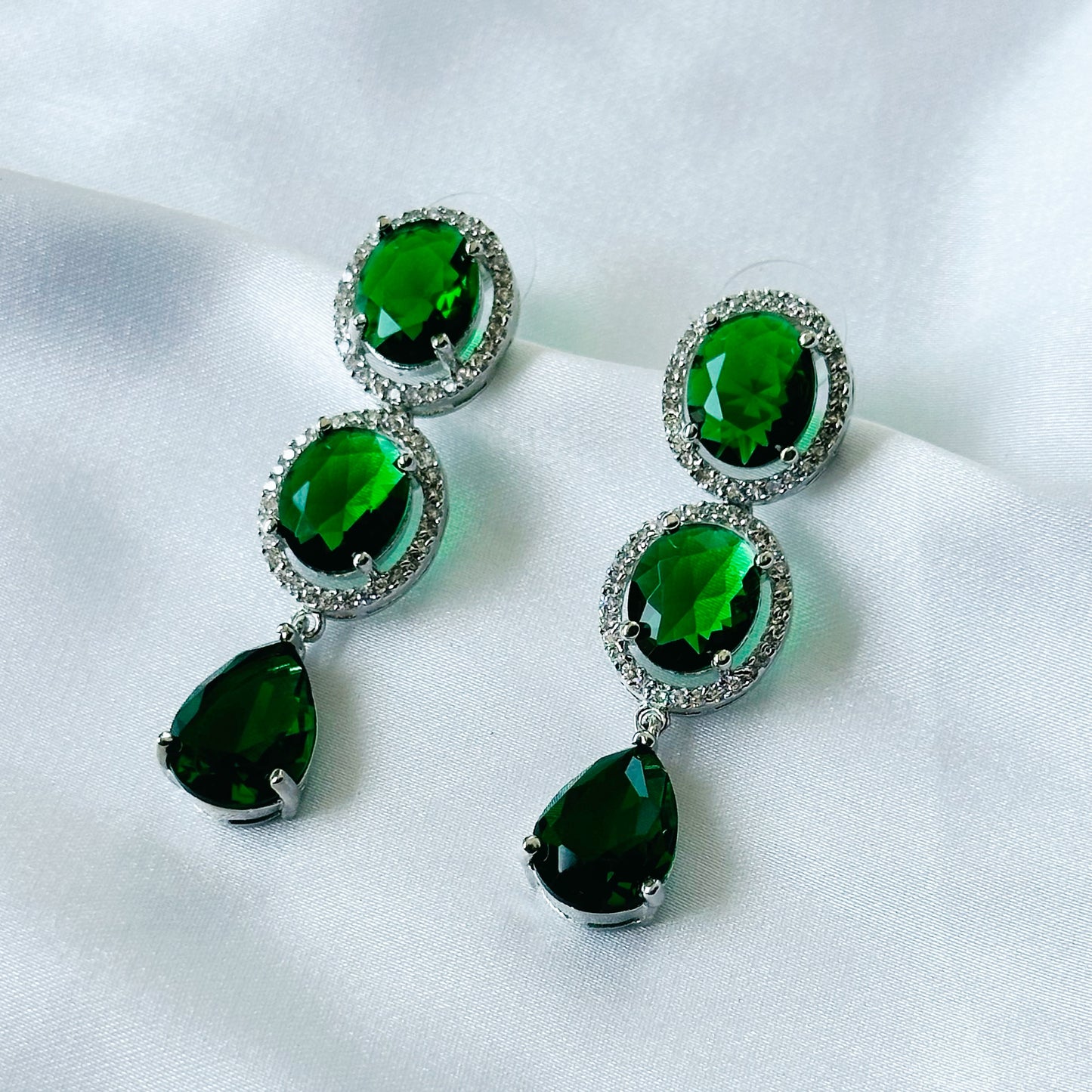 Green Emerald Cubic Zircon American Diamond Silver Plated Earrings