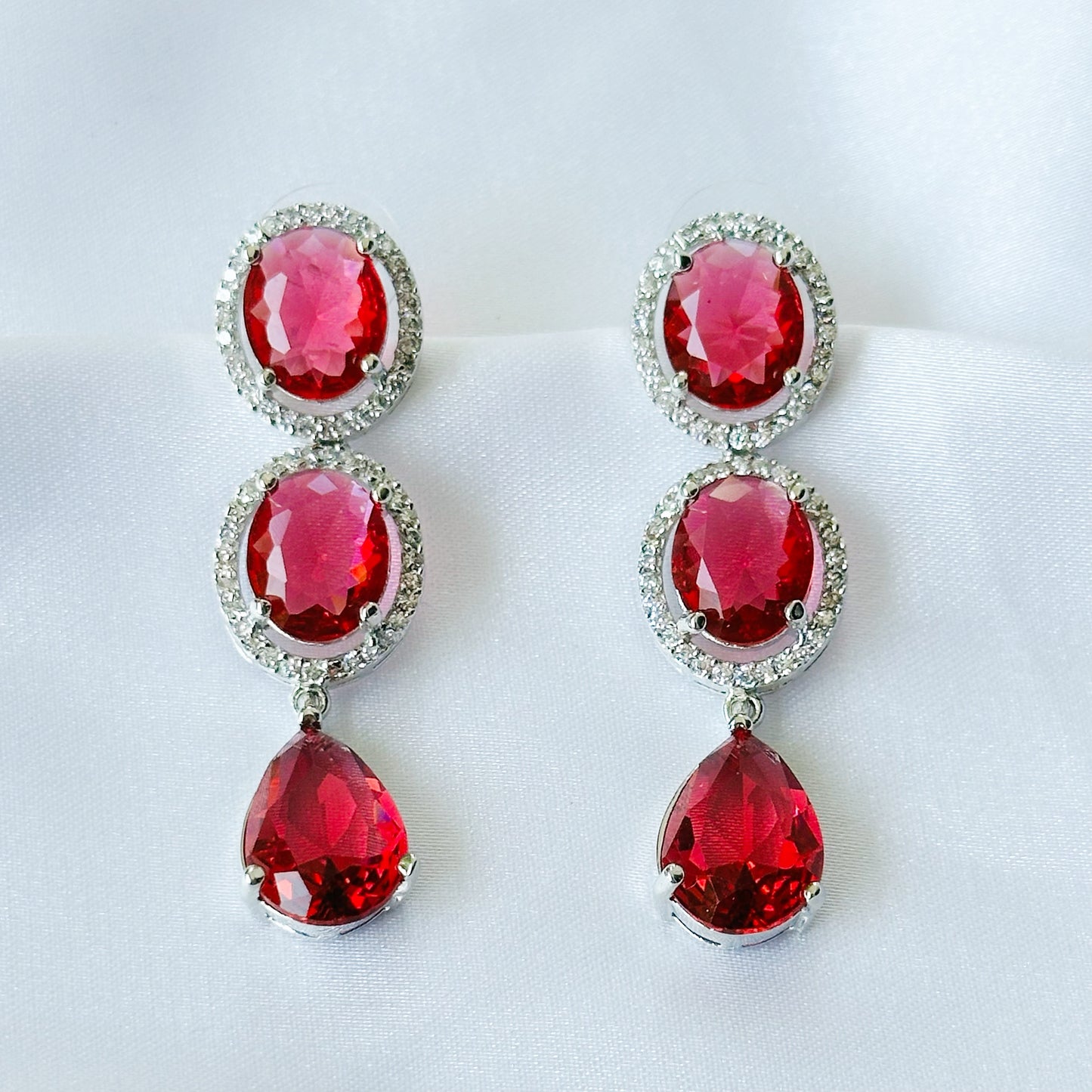 Red Ruby Cubic Zircon American Diamond Silver Plated Earrings