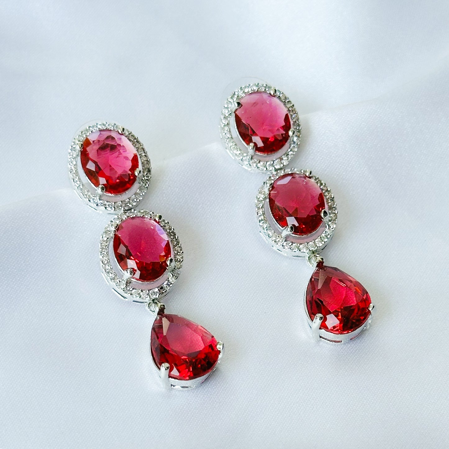 Red Ruby Cubic Zircon American Diamond Silver Plated Earrings