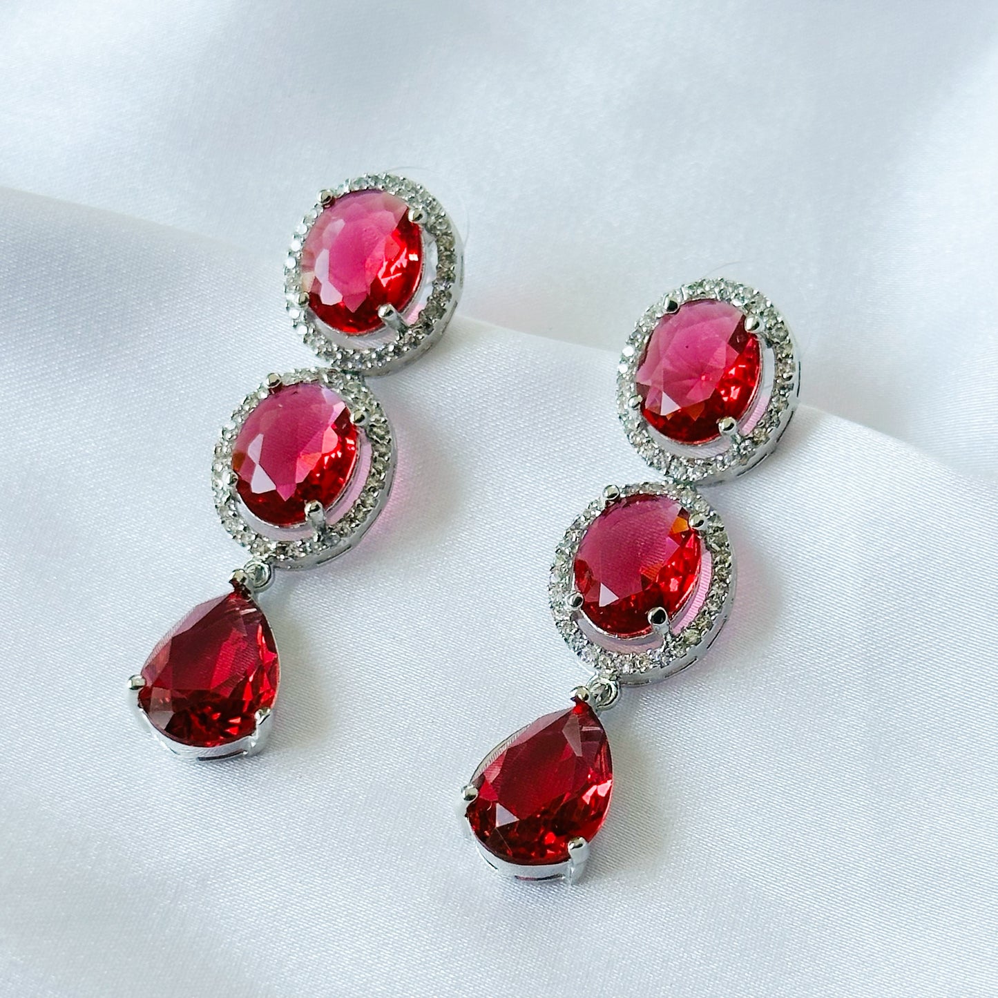 Red Ruby Cubic Zirconia American Diamond Silver Plated Earrings