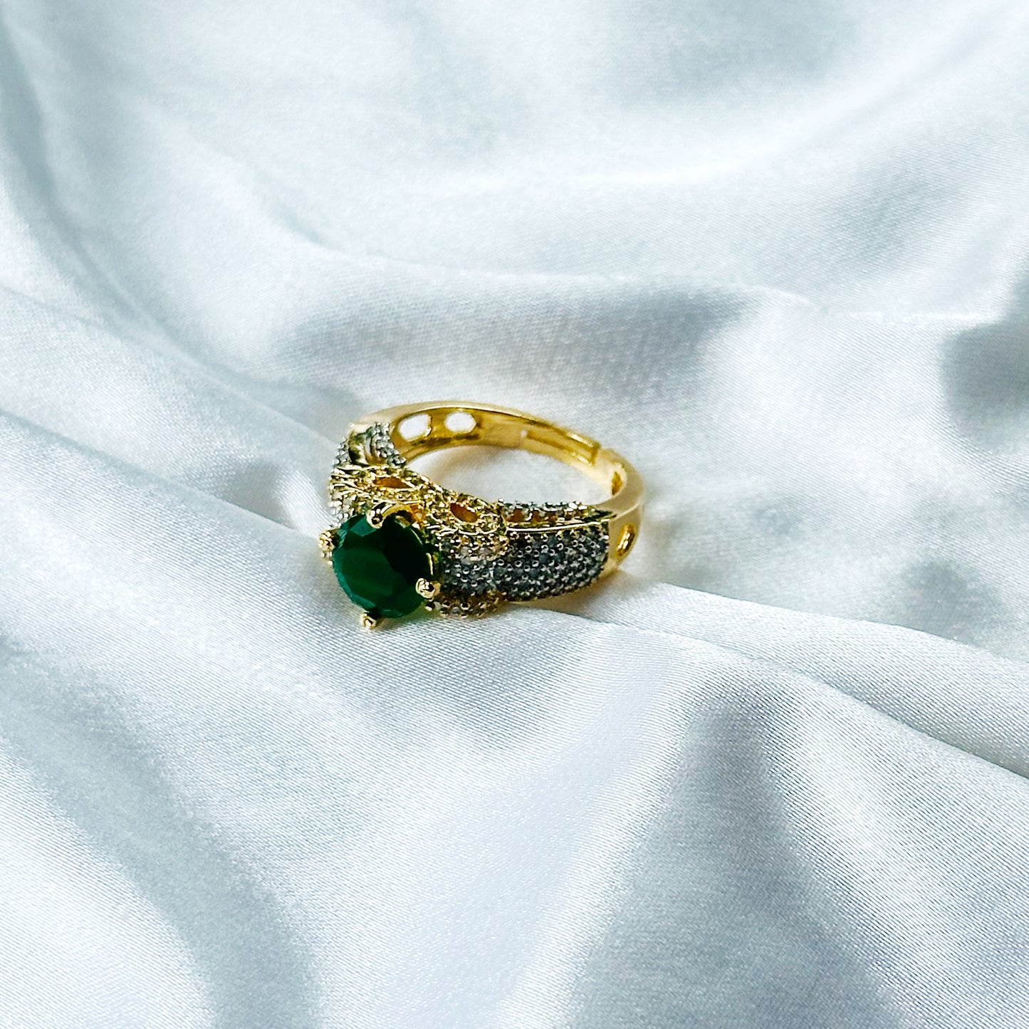 Green Emerald Cubic Zircon American Diamond Gold/Silver Plated Adjustable Ring