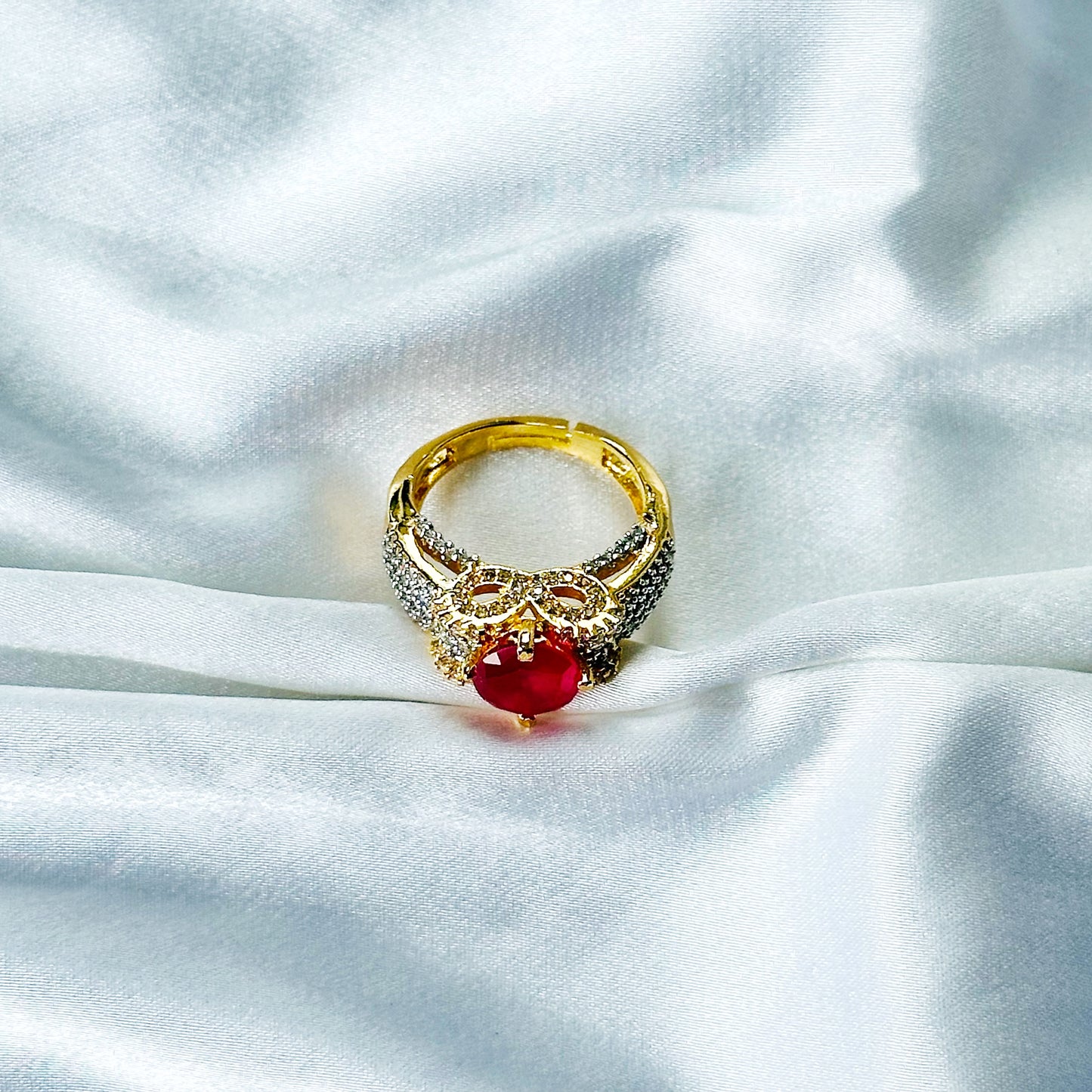 Red Ruby Cubic Zircon American Diamond Gold/Silver Plated Adjustable Ring