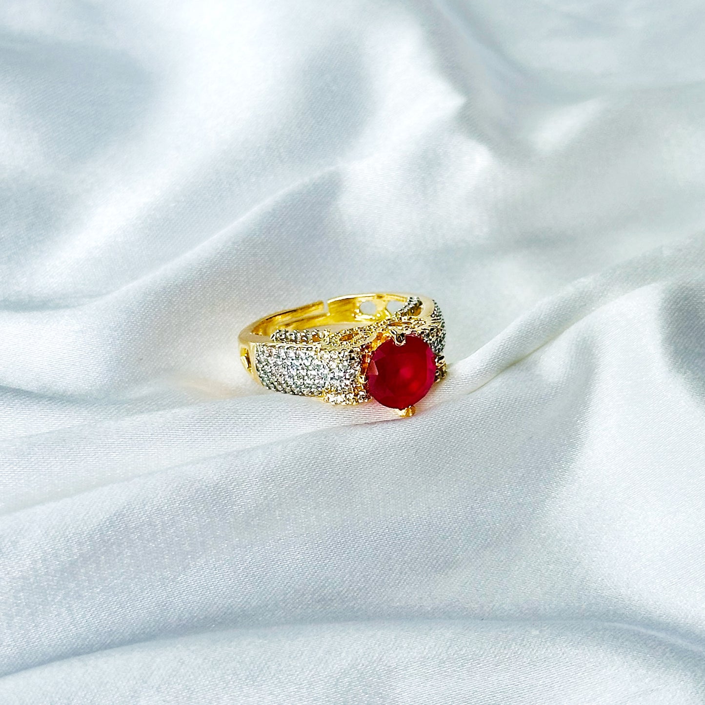 Red Ruby Cubic Zircon American Diamond Gold/Silver Plated Adjustable Ring