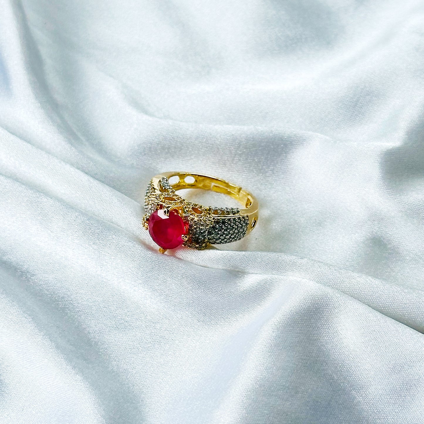 Red Ruby Cubic Zircon American Diamond Gold/Silver Plated Adjustable Ring