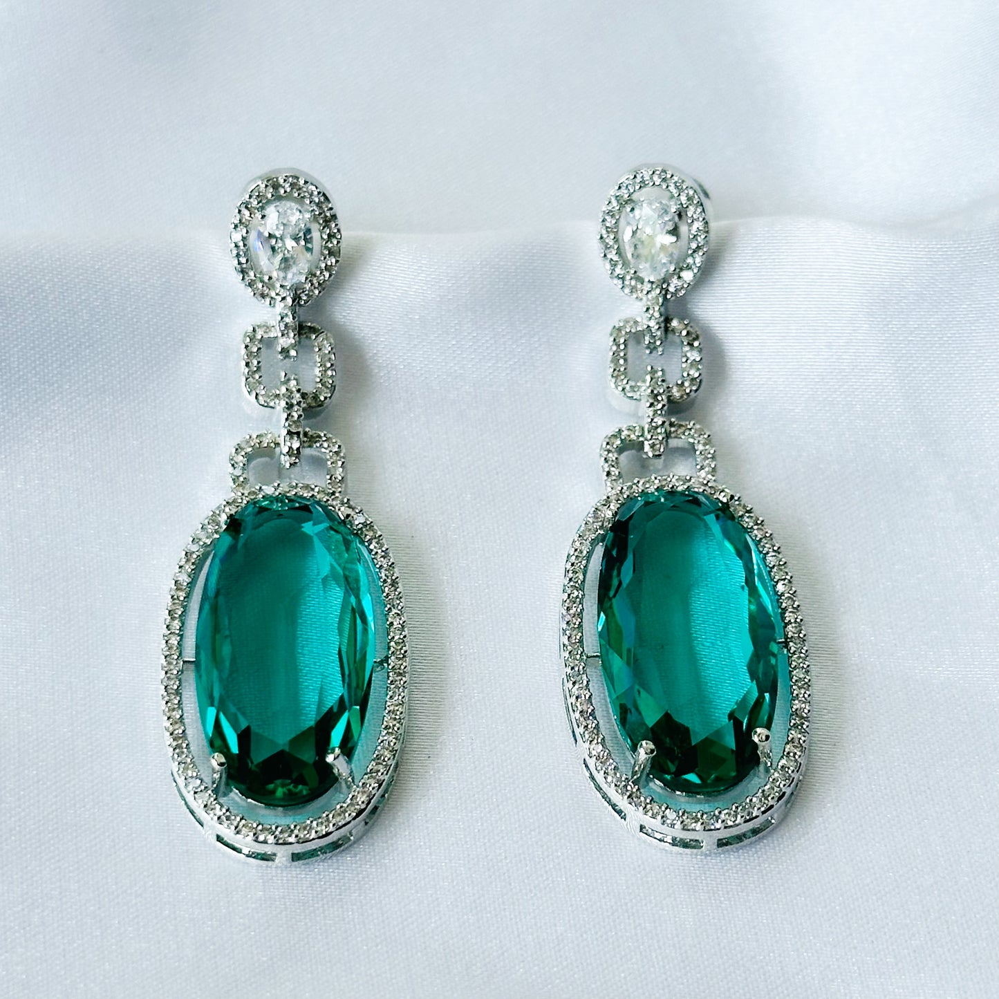 Sea Green Topaz Cubic Zircon American Diamond Silver Plated Earrings