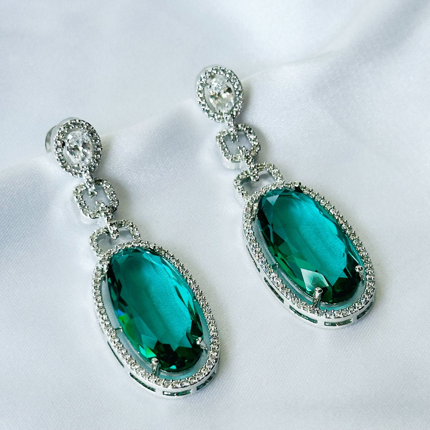 Sea Green Topaz Cubic Zircon American Diamond Silver Plated Earrings