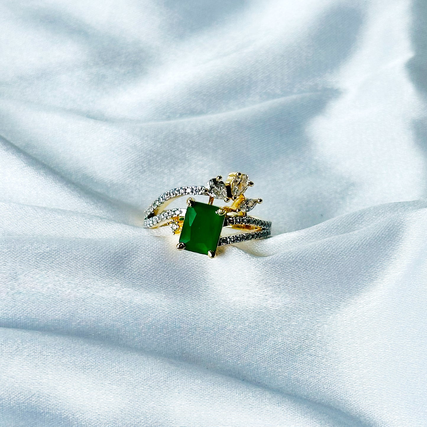 Green Emerald Cubic Zircon American Diamond Gold/Silver Plated Adjustable Ring