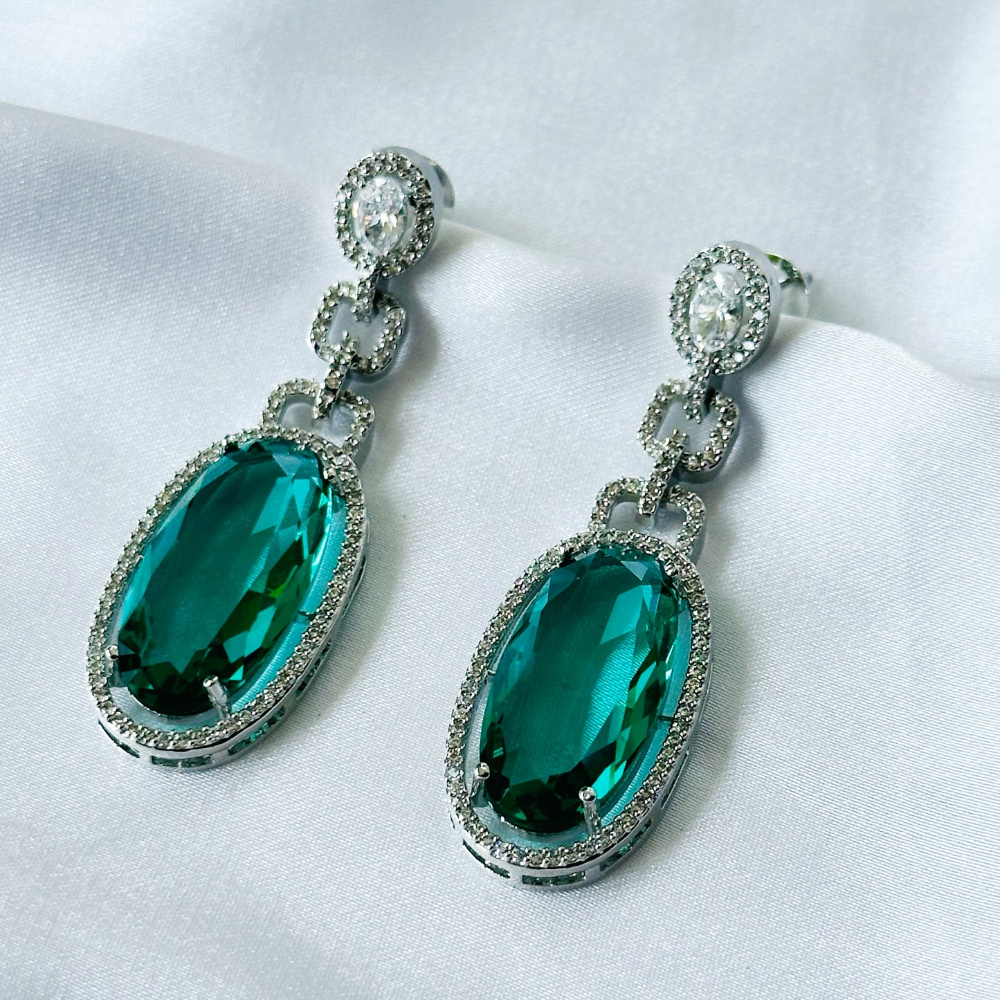 Sea Green Topaz Cubic Zircon American Diamond Silver Plated Earrings