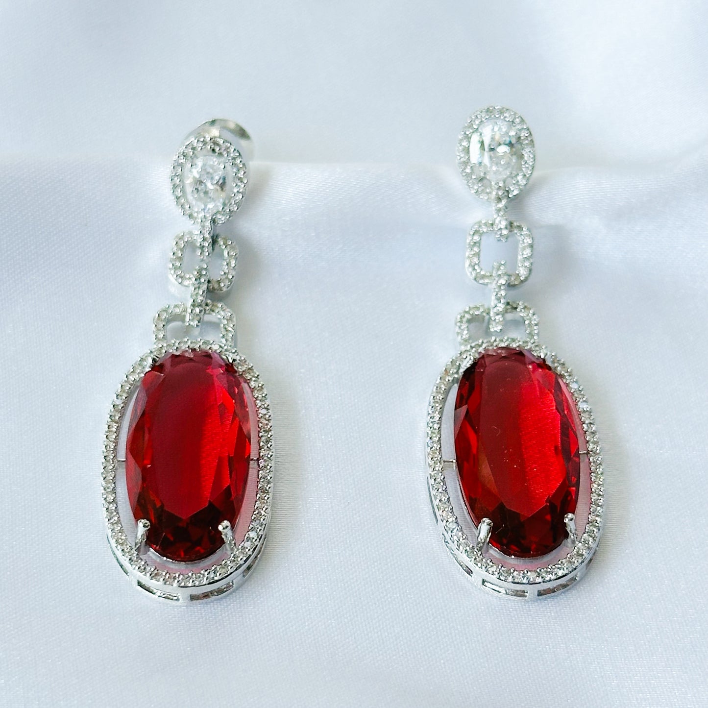 Red Ruby Cubic Zircon American Diamond Silver Plated Earrings