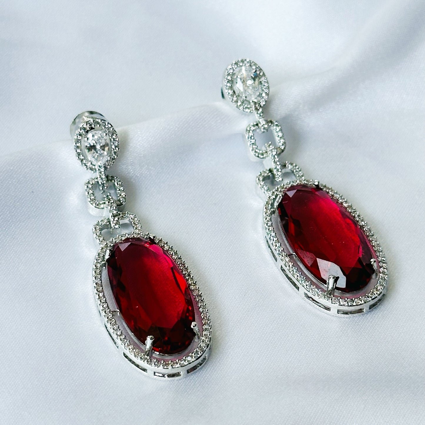 Red Ruby Cubic Zircon American Diamond Silver Plated Earrings