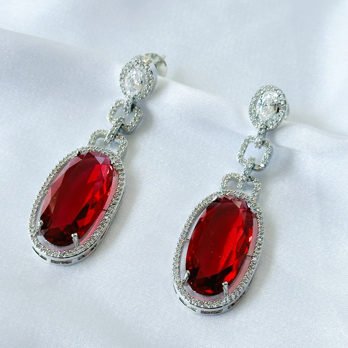 Red Ruby Cubic Zircon American Diamond Silver Plated Earrings