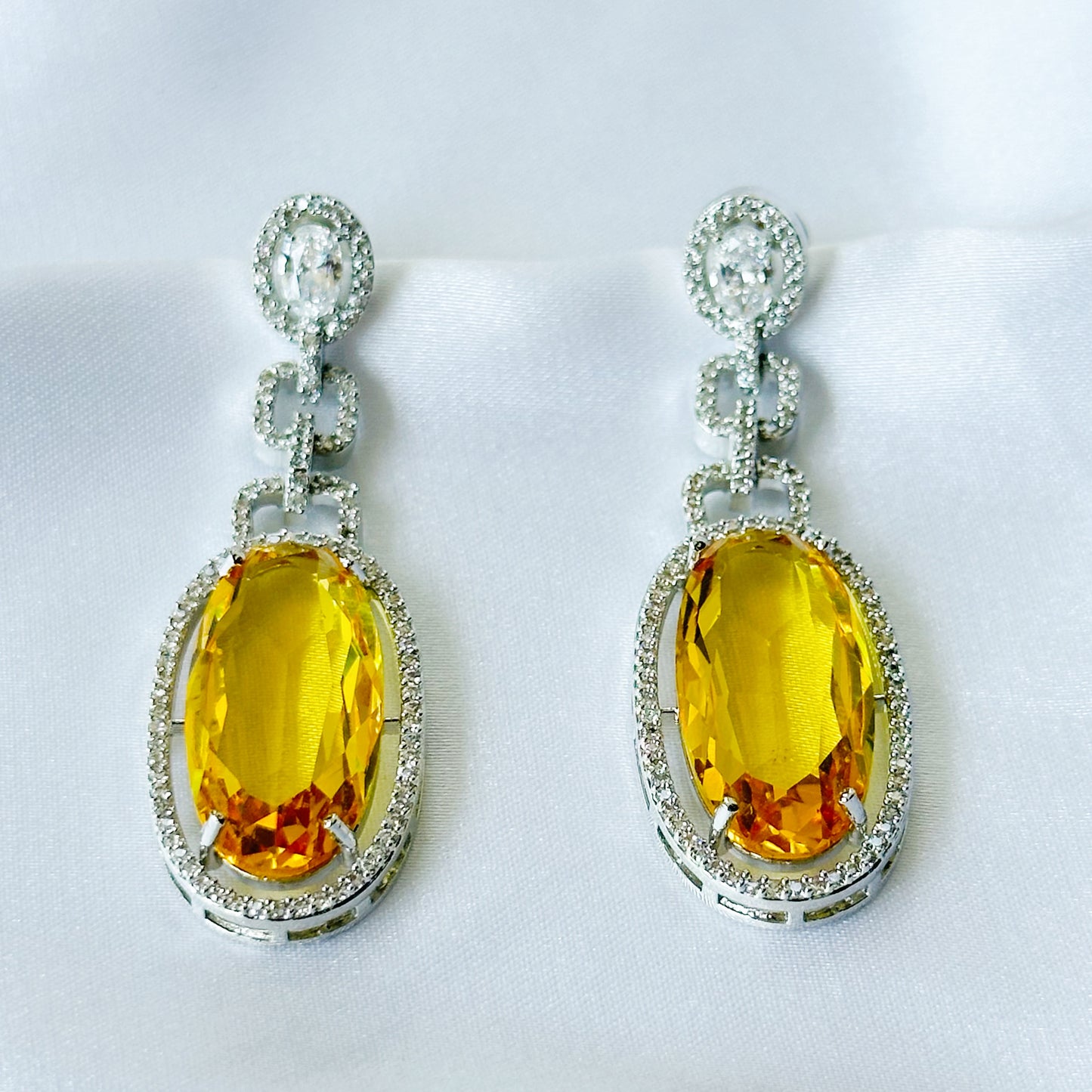 Yellow Topaz Cubic Zircon American Diamond Silver Plated Earrings