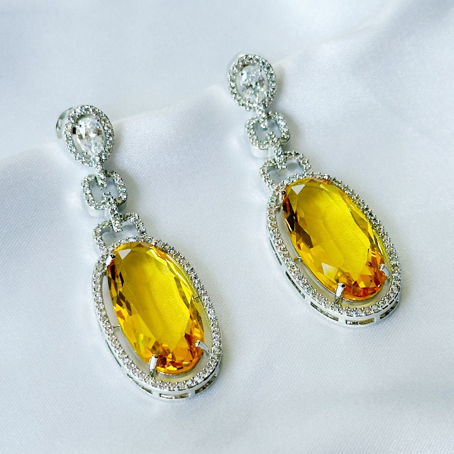 Yellow Topaz Cubic Zircon American Diamond Silver Plated Earrings