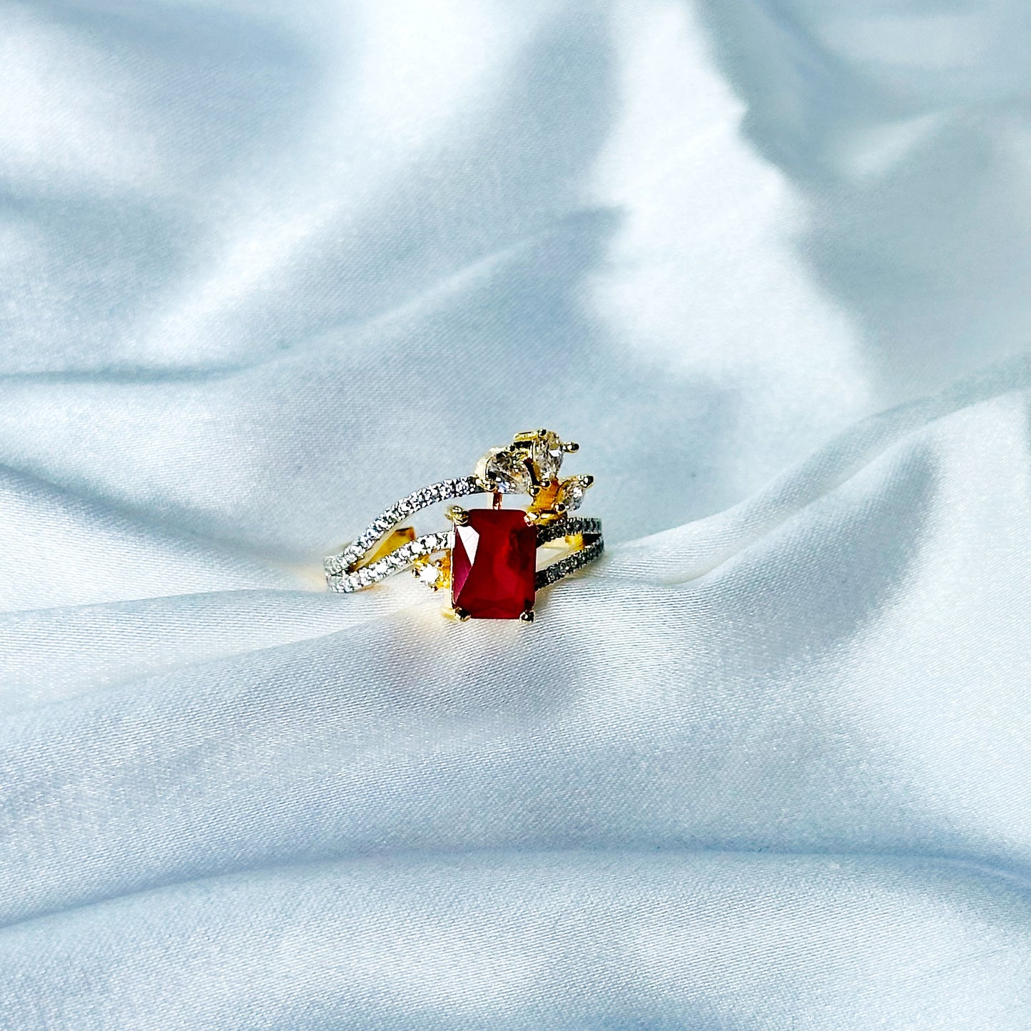 Red Ruby Cubic Zircon American Diamond Gold/Silver Plated Adjustable Ring