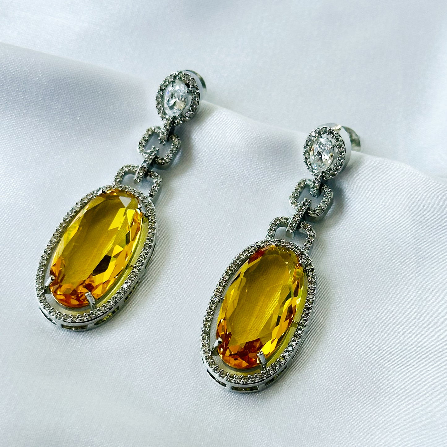 Yellow Topaz Cubic Zircon American Diamond Silver Plated Earrings