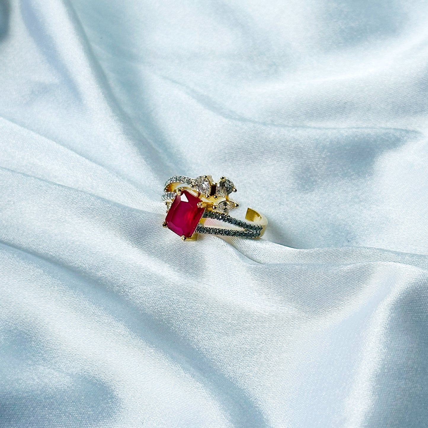 Red Ruby Cubic Zircon American Diamond Gold/Silver Plated Adjustable Ring