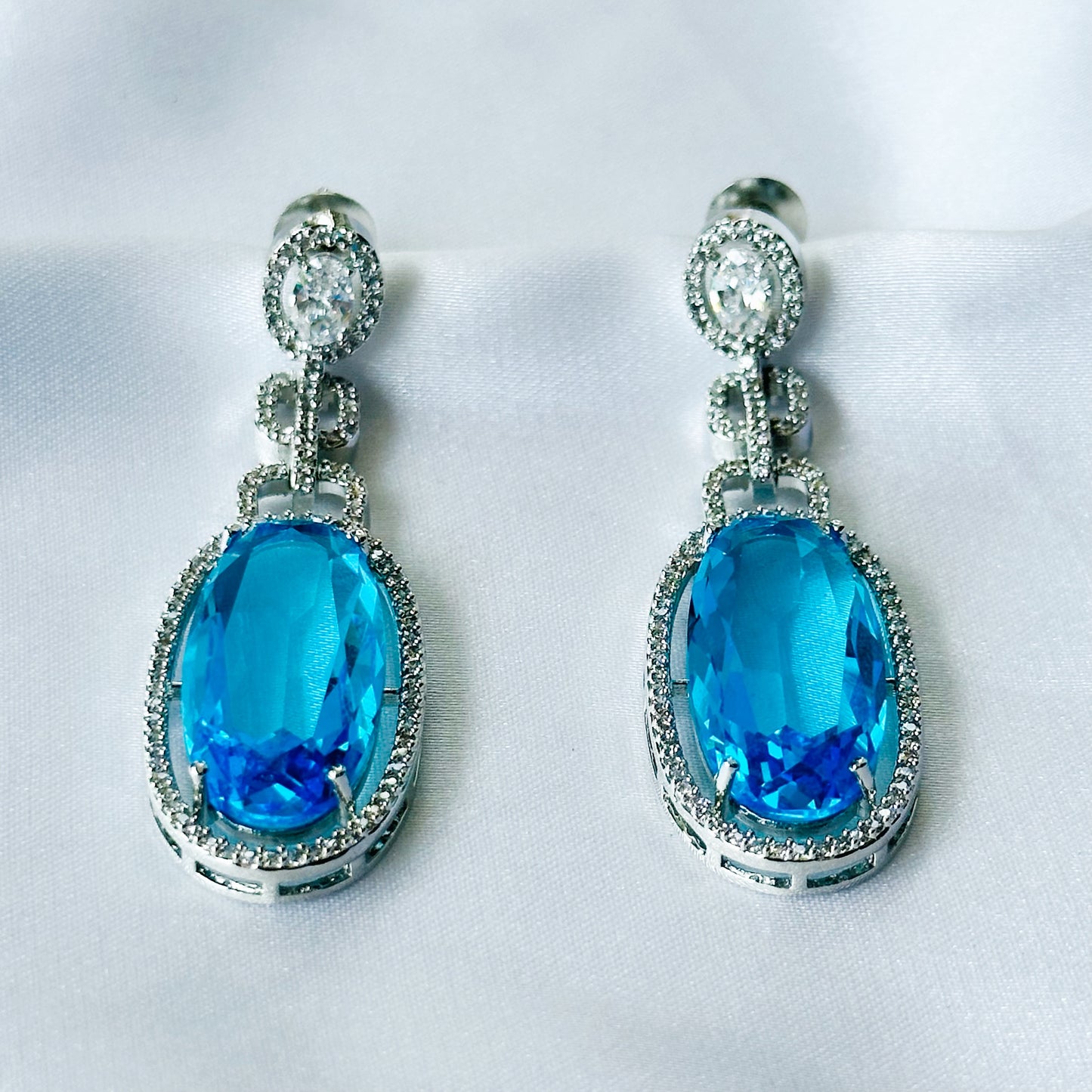 Aqua Blue Sapphire Cubic Zircon American Diamond Silver Plated Earrings