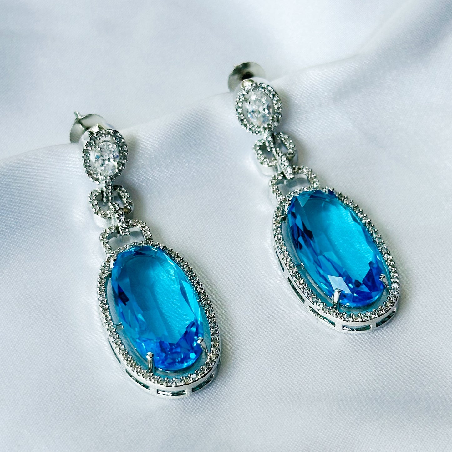 Aqua Blue Sapphire Cubic Zircon American Diamond Silver Plated Earrings