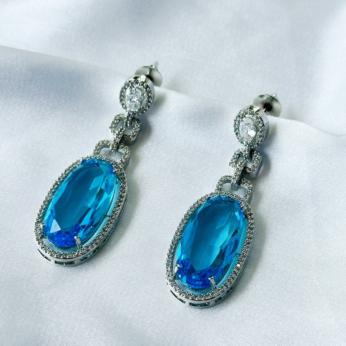 Aqua Blue Sapphire Cubic Zircon American Diamond Silver Plated Earrings