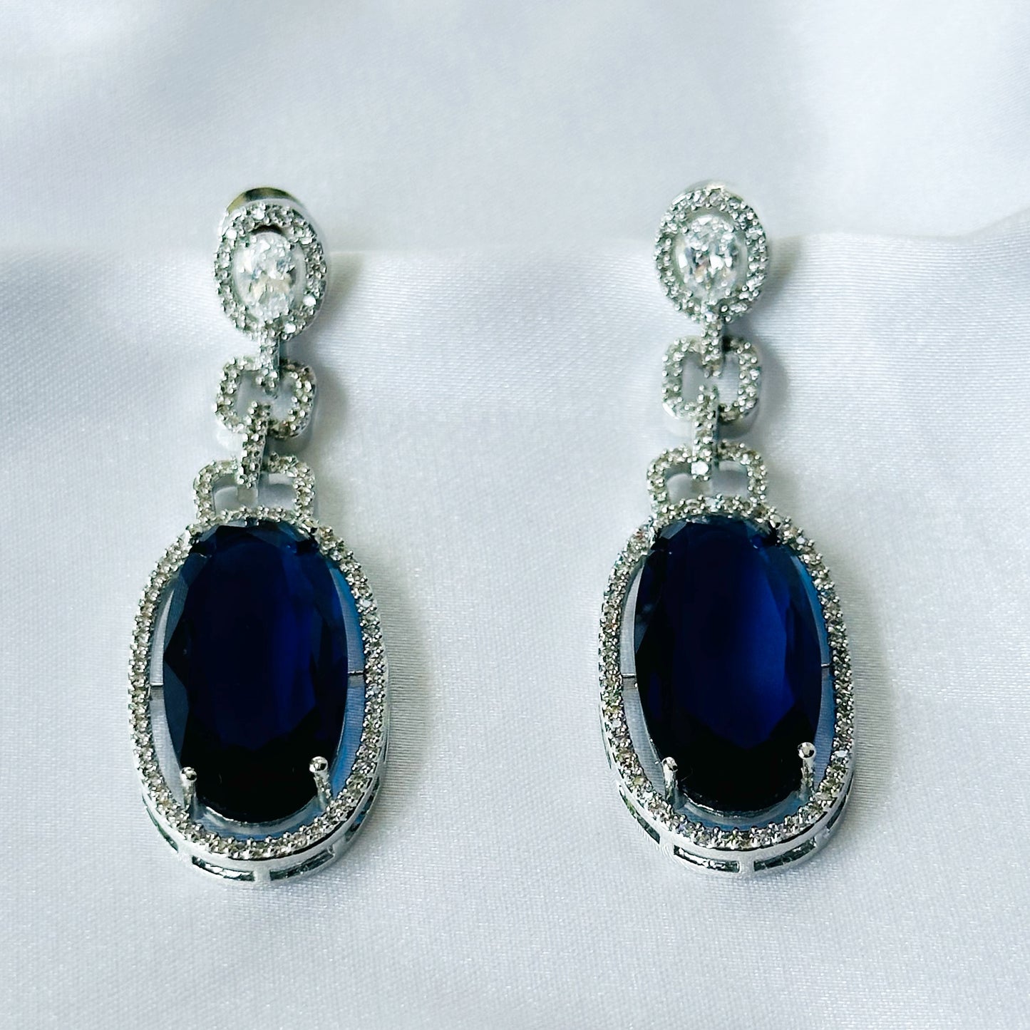 Blue Sapphire Cubic Zircon American Diamond Silver Plated Earrings