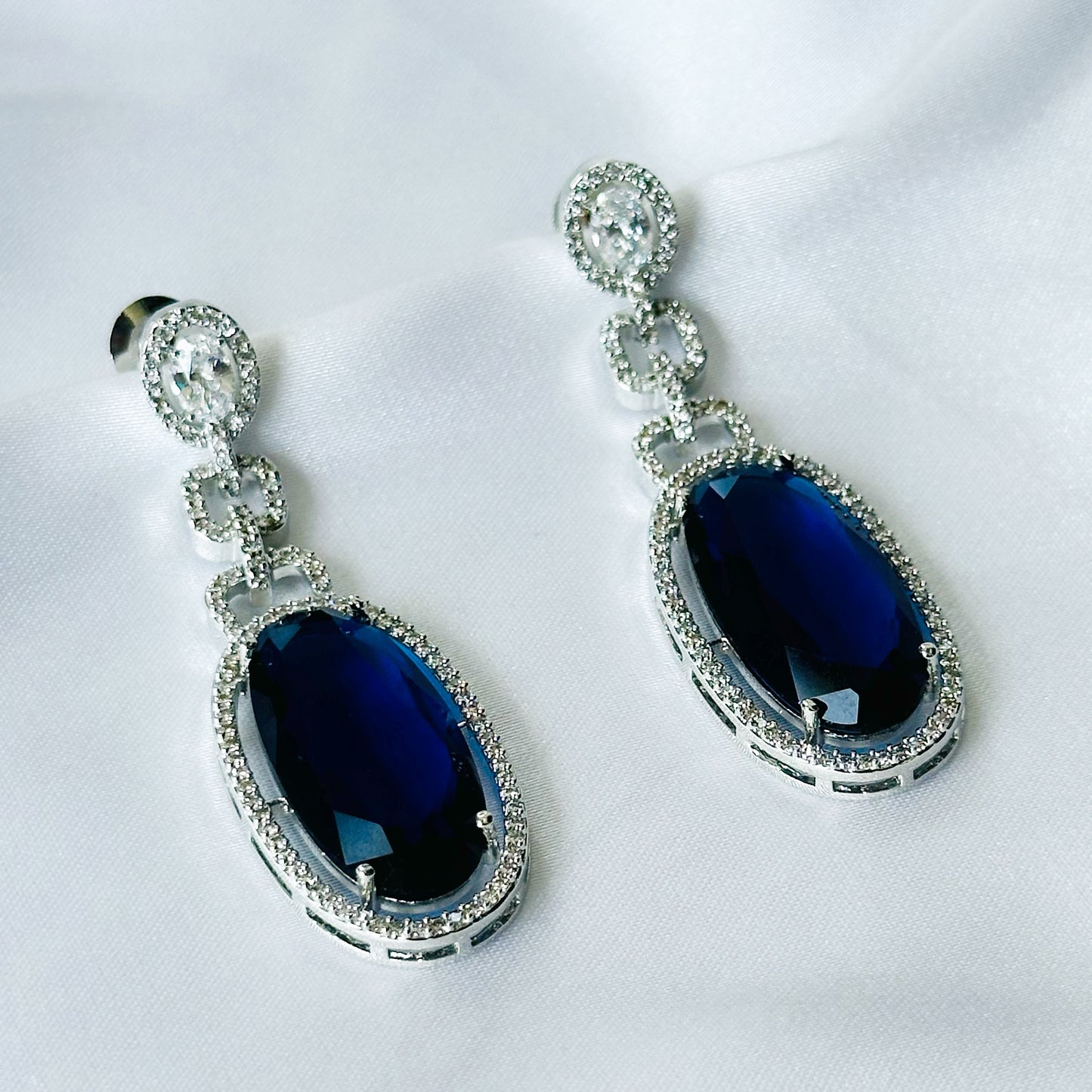 Blue Sapphire Cubic Zircon American Diamond Silver Plated Earrings