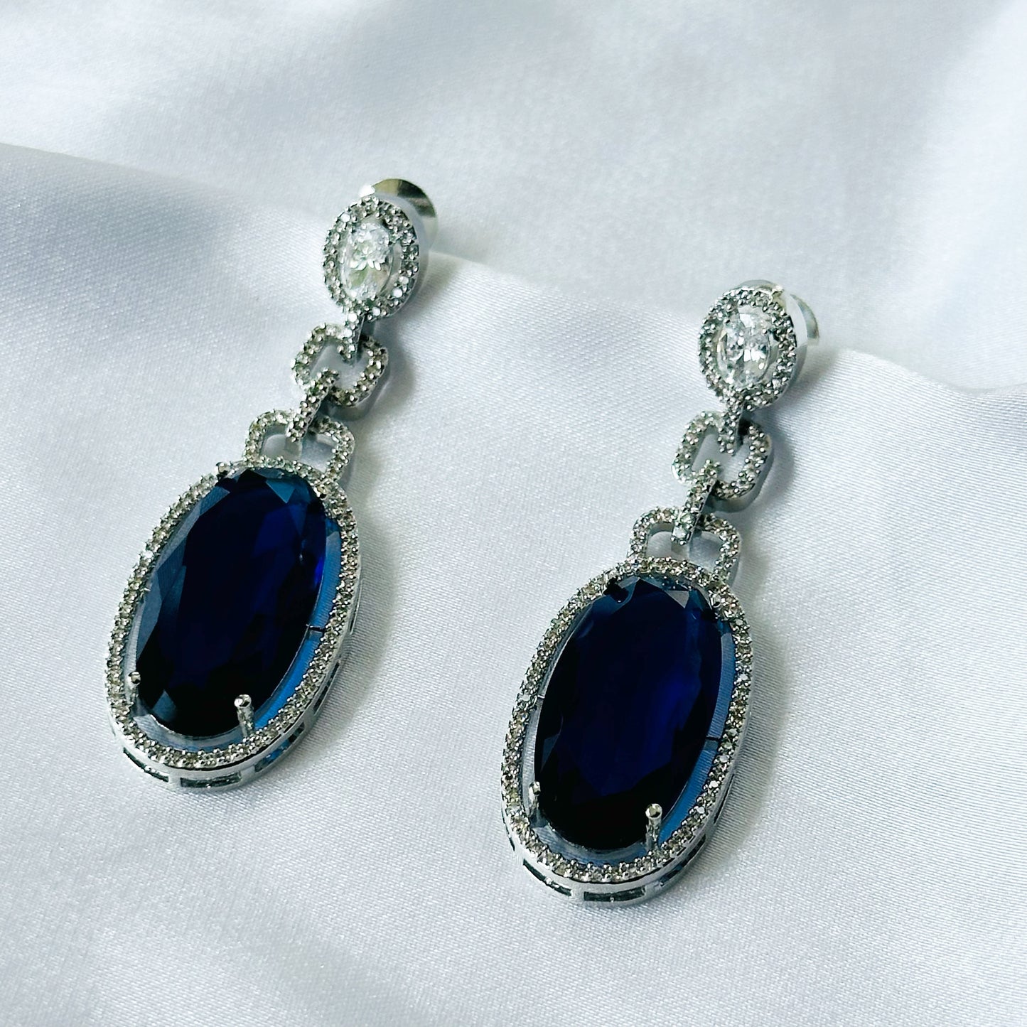 Blue Sapphire Cubic Zircon American Diamond Silver Plated Earrings