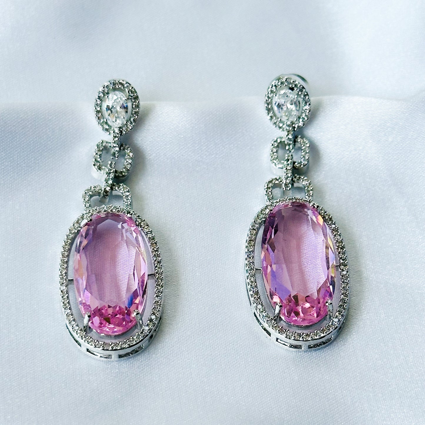 Pink Topaz Cubic Zircon American Diamond Silver Plated Earrings