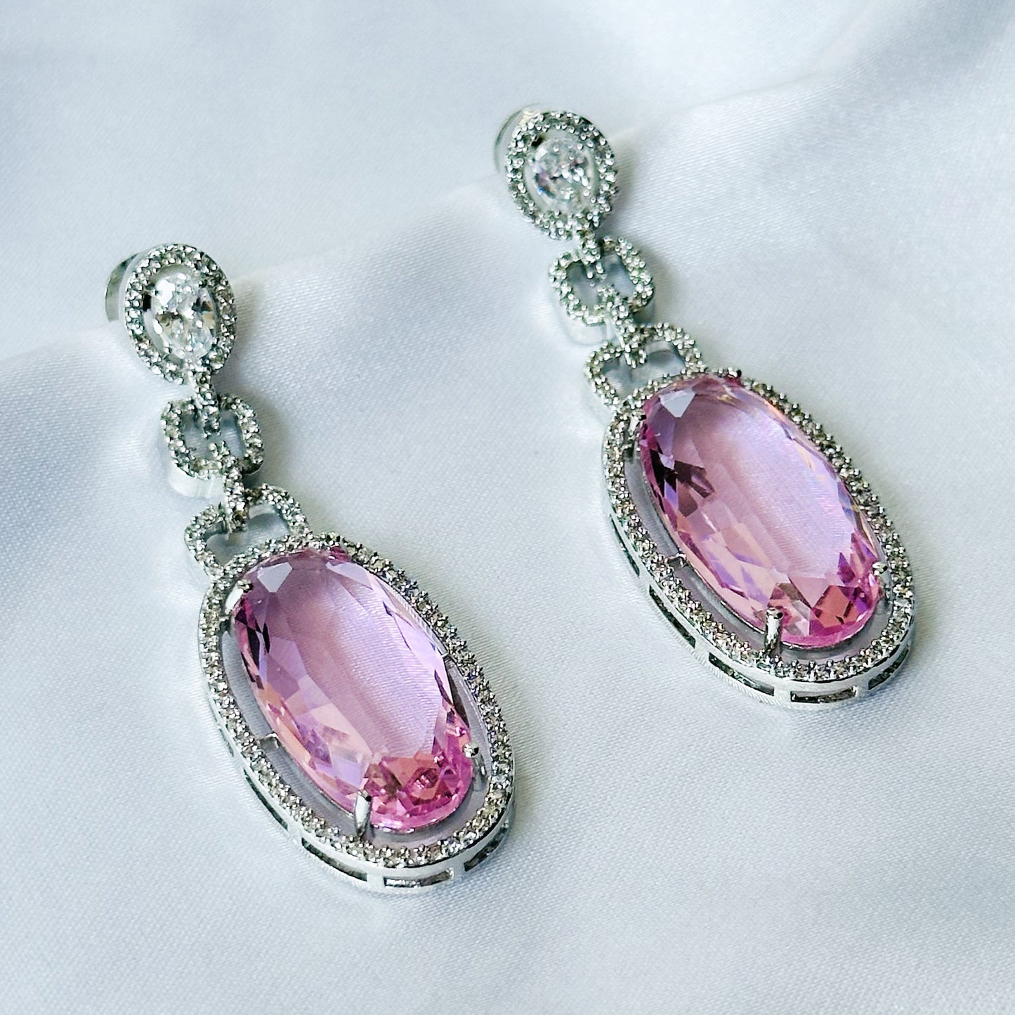 Pink Topaz Cubic Zircon American Diamond Silver Plated Earrings