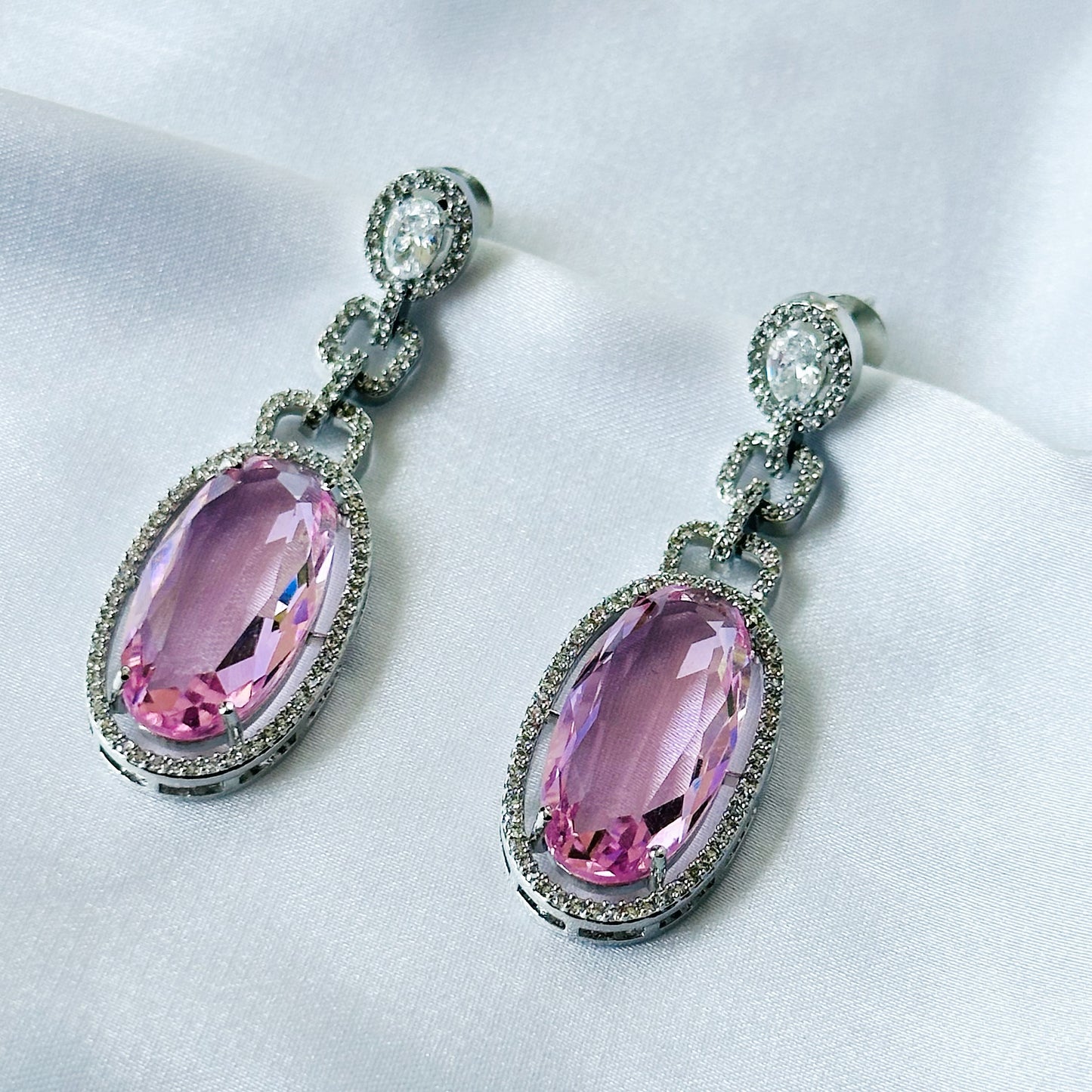 Pink Topaz Cubic Zircon American Diamond Silver Plated Earrings