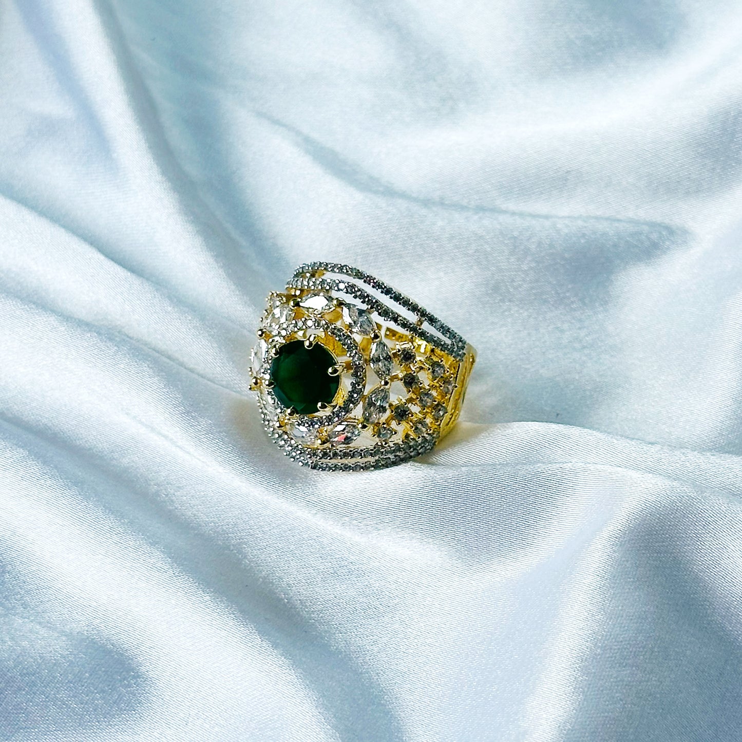 Green Emerald Cubic Zirconia American Diamond Gold/Silver Plated Adjustable Ring