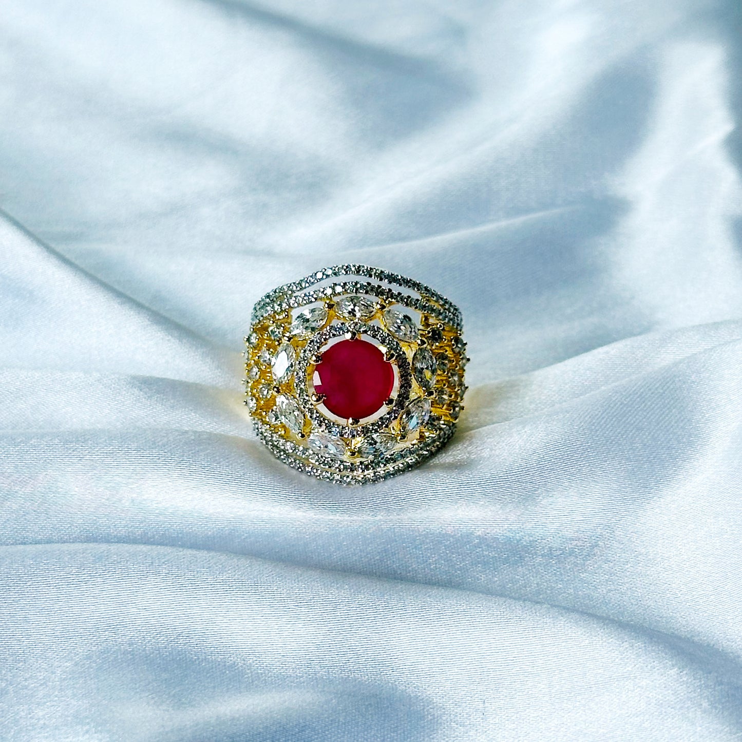 Red Ruby Cubic Zircon American Diamond Gold/Silver Plated Adjustable Ring