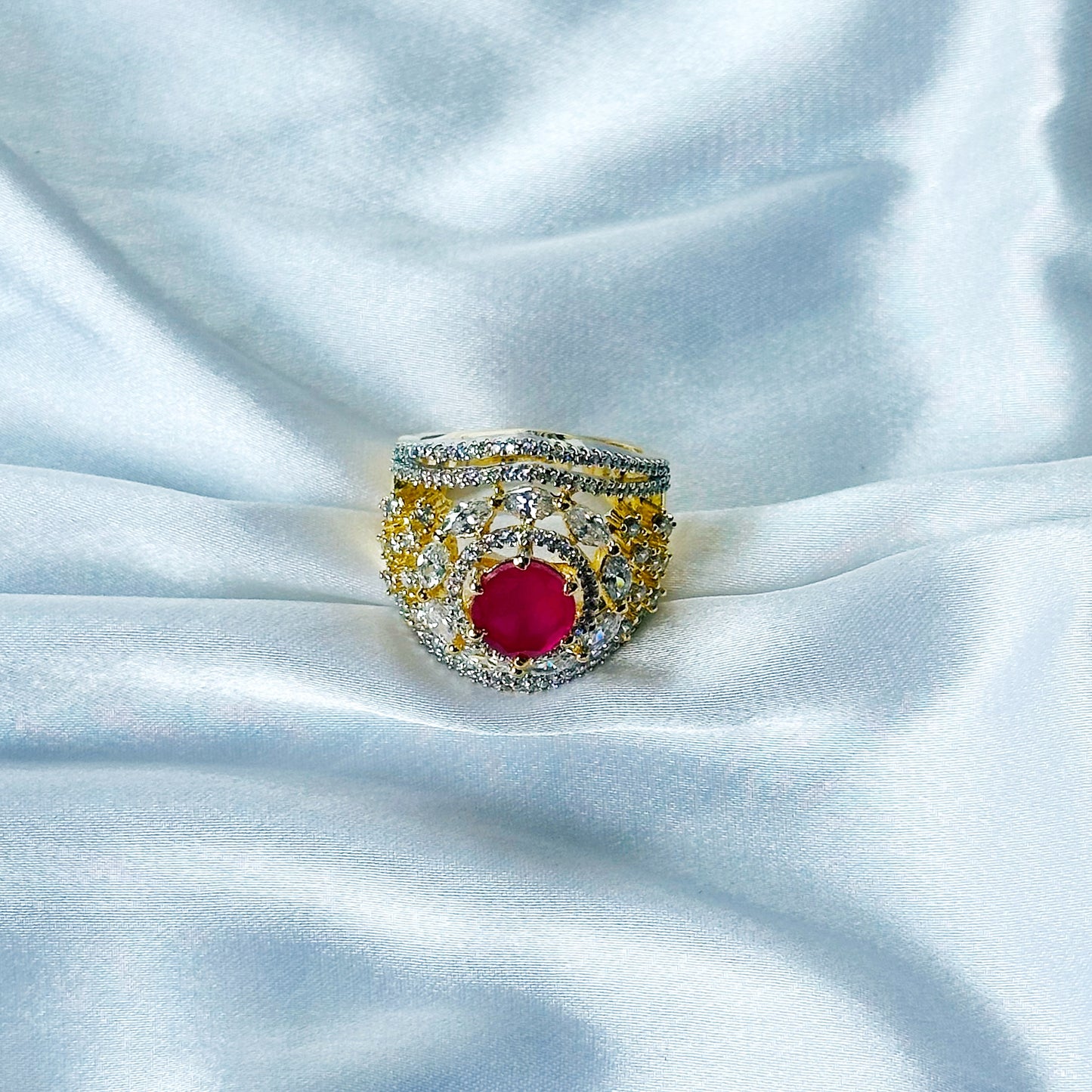 Red Ruby Cubic Zircon American Diamond Gold/Silver Plated Adjustable Ring