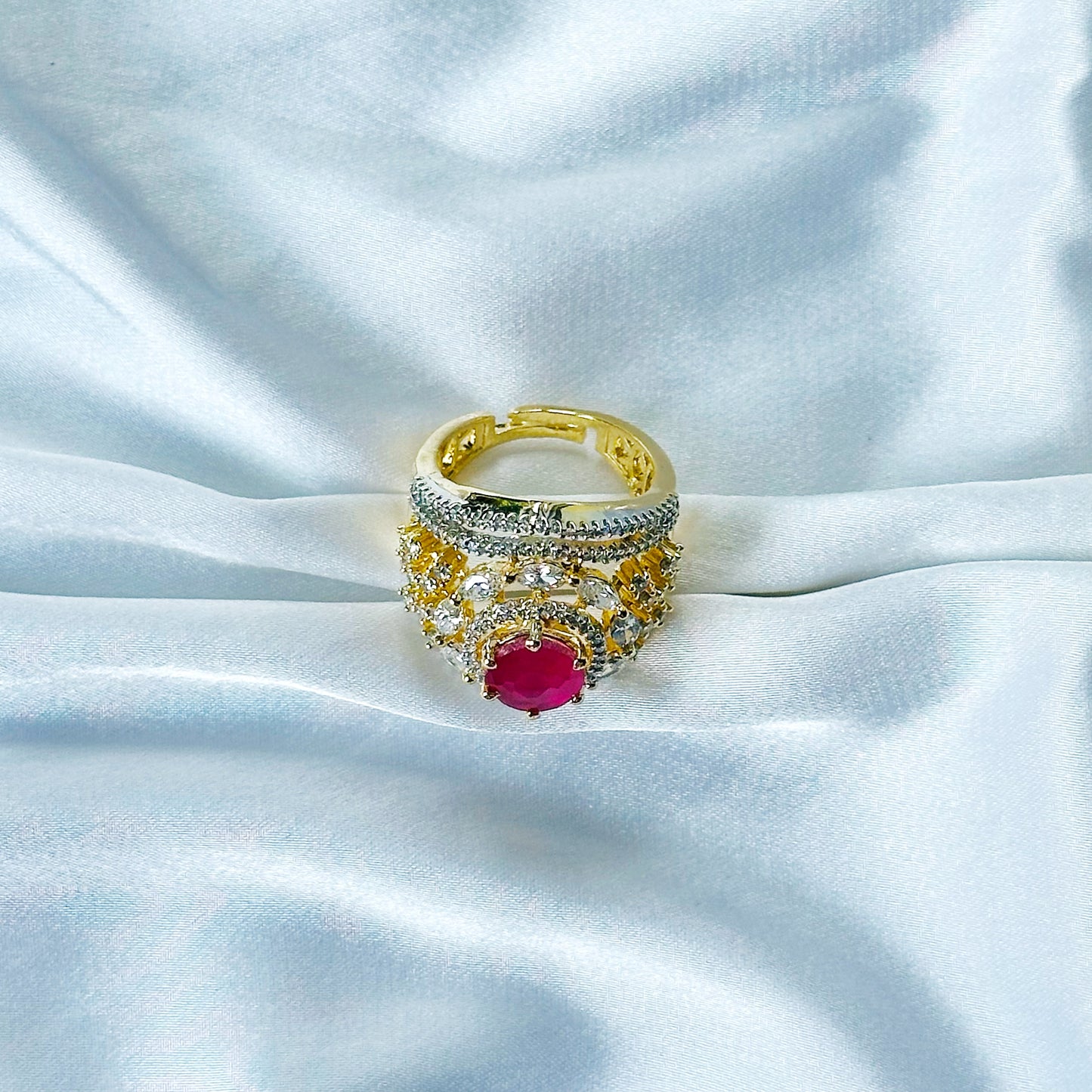 Red Ruby Cubic Zircon American Diamond Gold/Silver Plated Adjustable Ring
