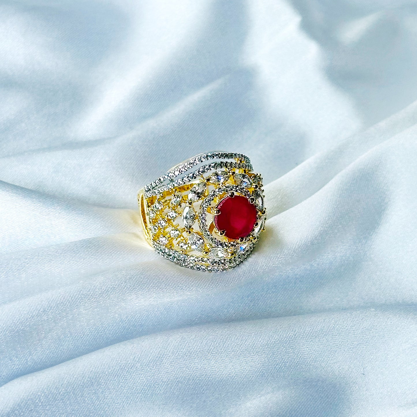 Red Ruby Cubic Zircon American Diamond Gold/Silver Plated Adjustable Ring