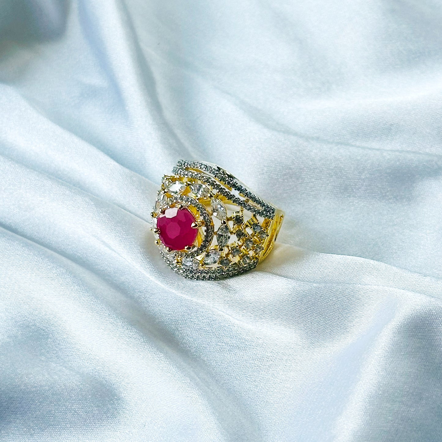 Red Ruby Cubic Zircon American Diamond Gold/Silver Plated Adjustable Ring