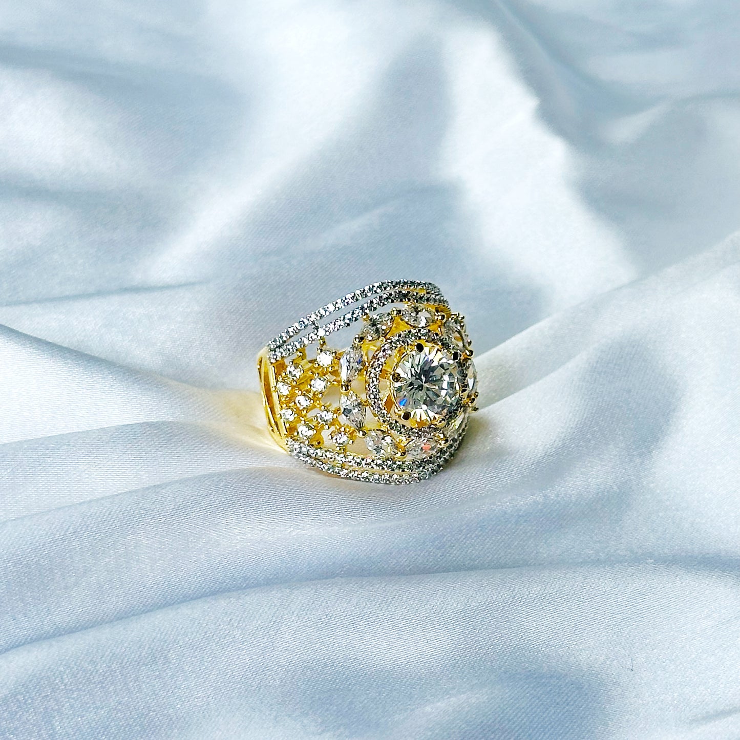 Solitaire Cubic Zircon American Diamond Gold/Silver Plated Adjustable Ring